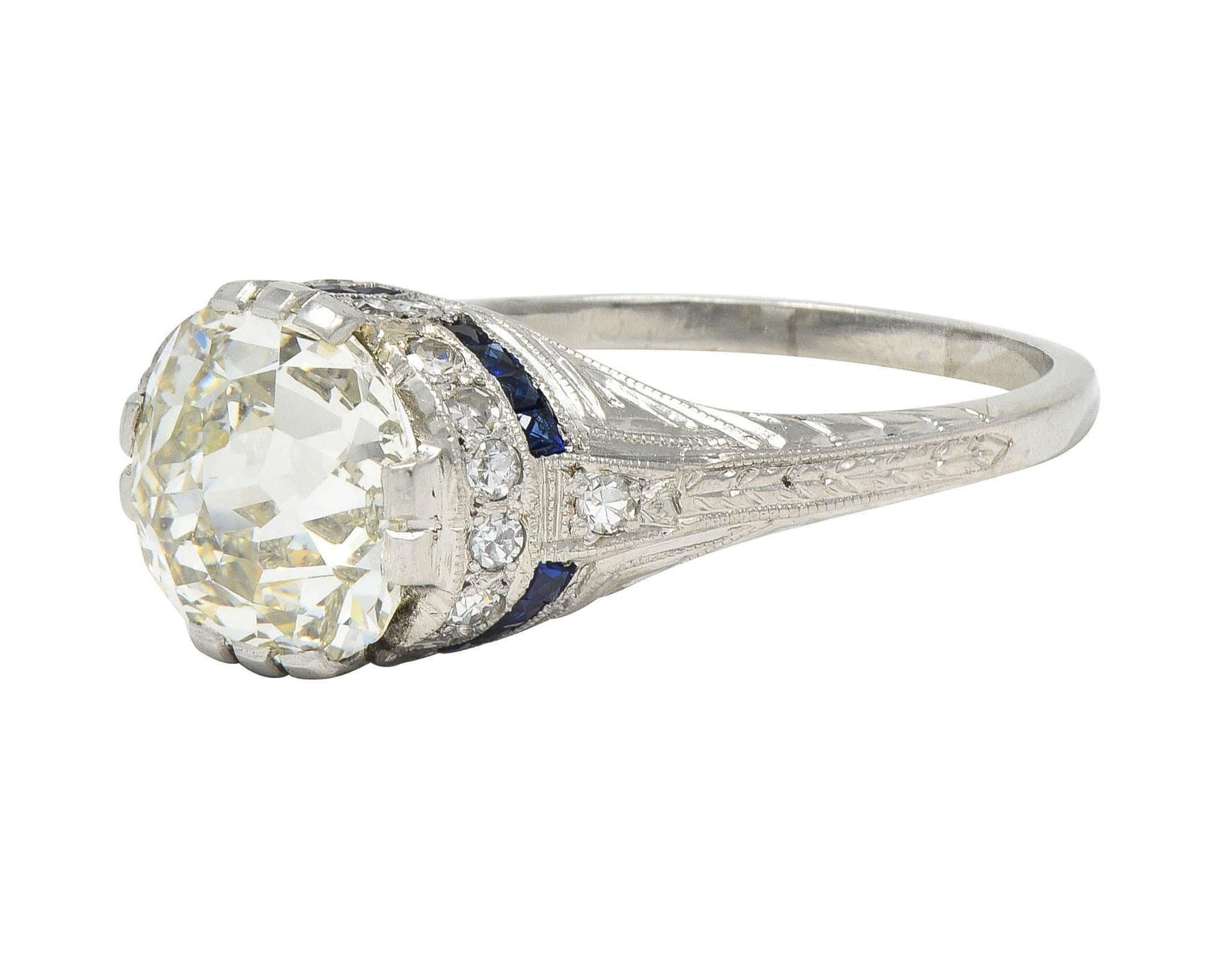 Art Deco 3.29 CTW Jubilee Diamond Sapphire Platinum Vintage Engagement Ring GIA For Sale 3