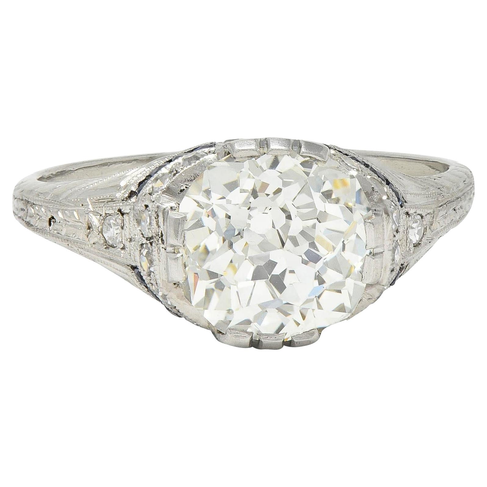 Art Deco 3.29 CTW Jubilee Diamond Sapphire Platinum Vintage Engagement Ring GIA For Sale