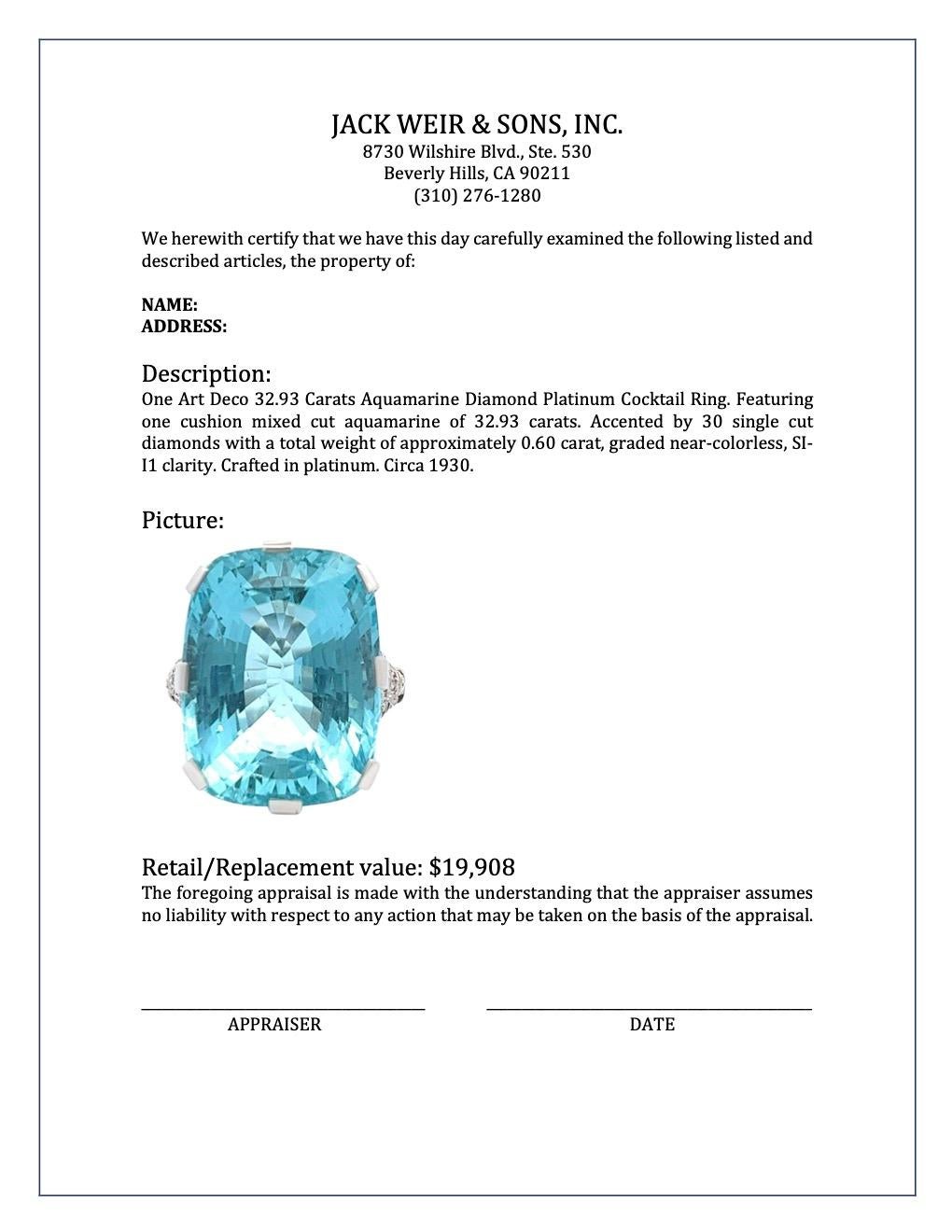 Art Deco 32.93 Carats Aquamarine Diamond Platinum Cocktail Ring 2