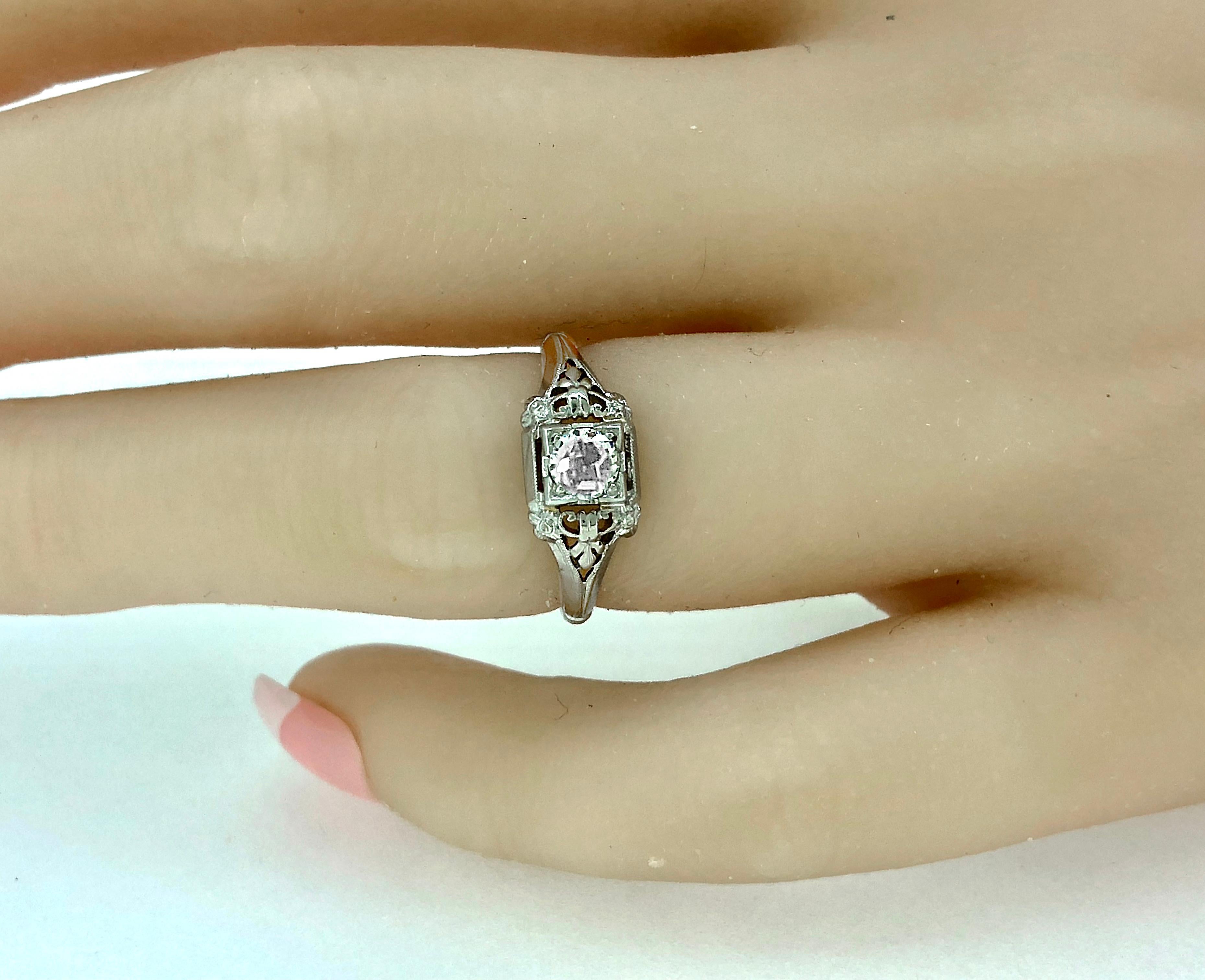 Old European Cut Art Deco .33 Carat Diamond Antique Engagement Ring 18 Karat White Gold For Sale