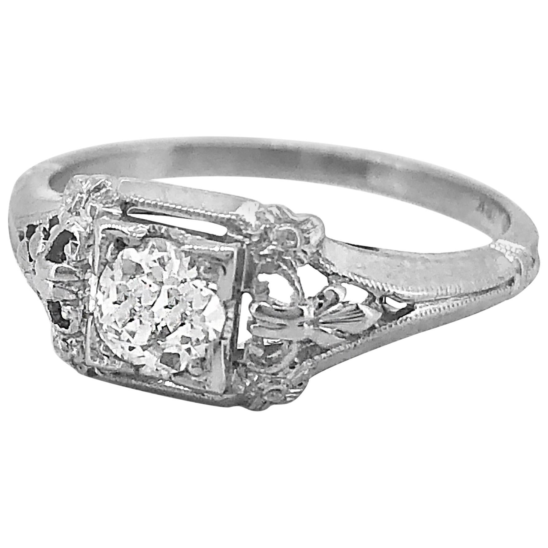 Art Deco .33 Carat Diamond Antique Engagement Ring 18 Karat White Gold For Sale