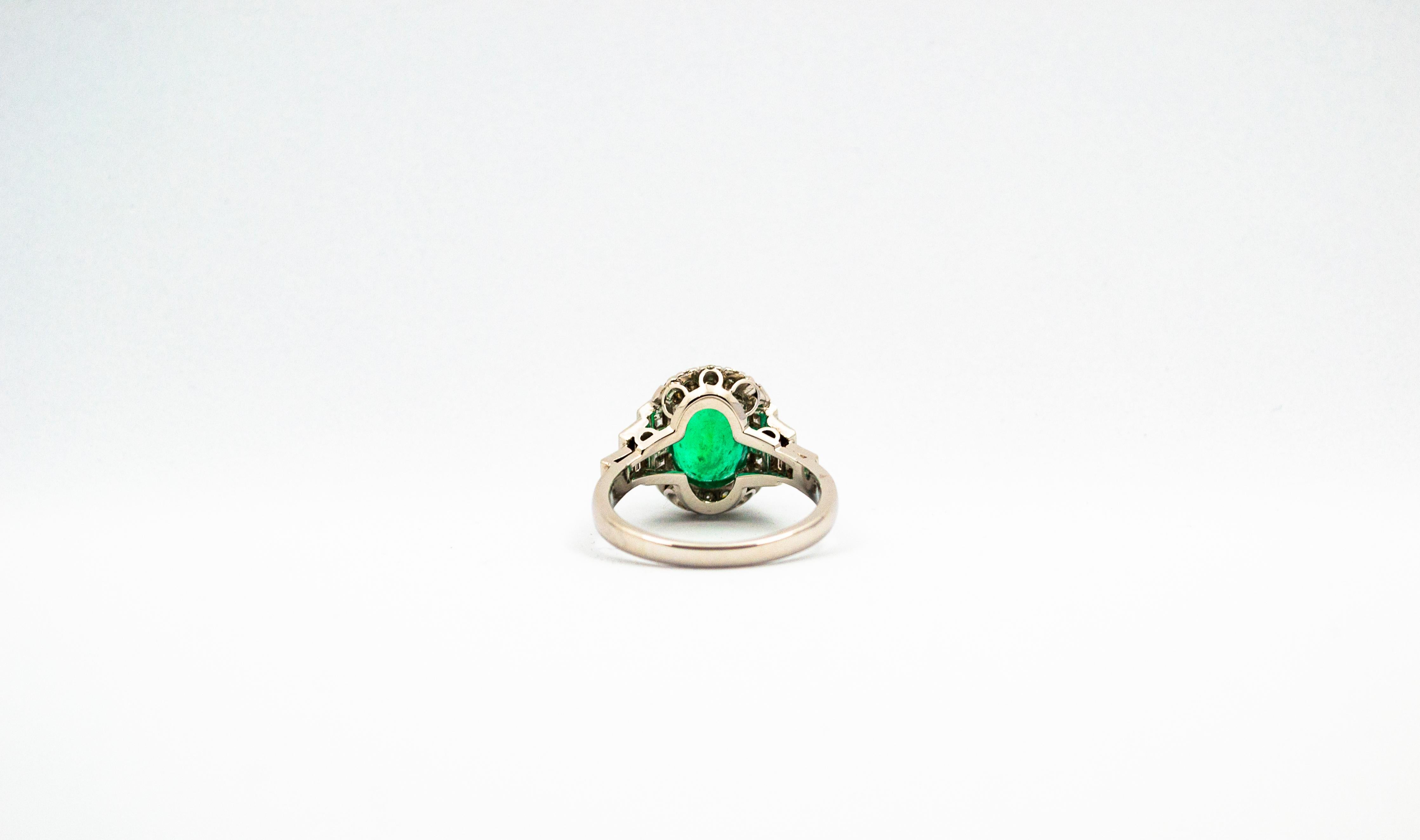 Round Cut Art Deco Style 3.30 Carat Emerald 0.90 Carat White Diamond White Cocktail Ring