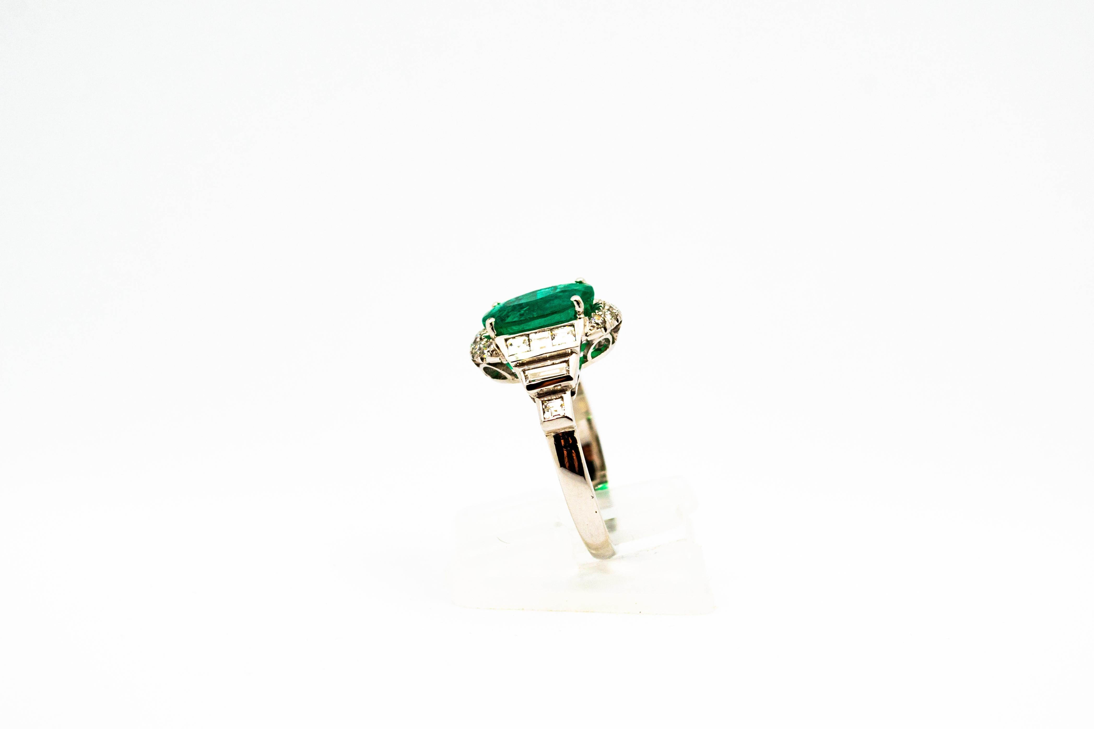 Women's or Men's Art Deco Style 3.30 Carat Emerald 0.90 Carat White Diamond White Cocktail Ring