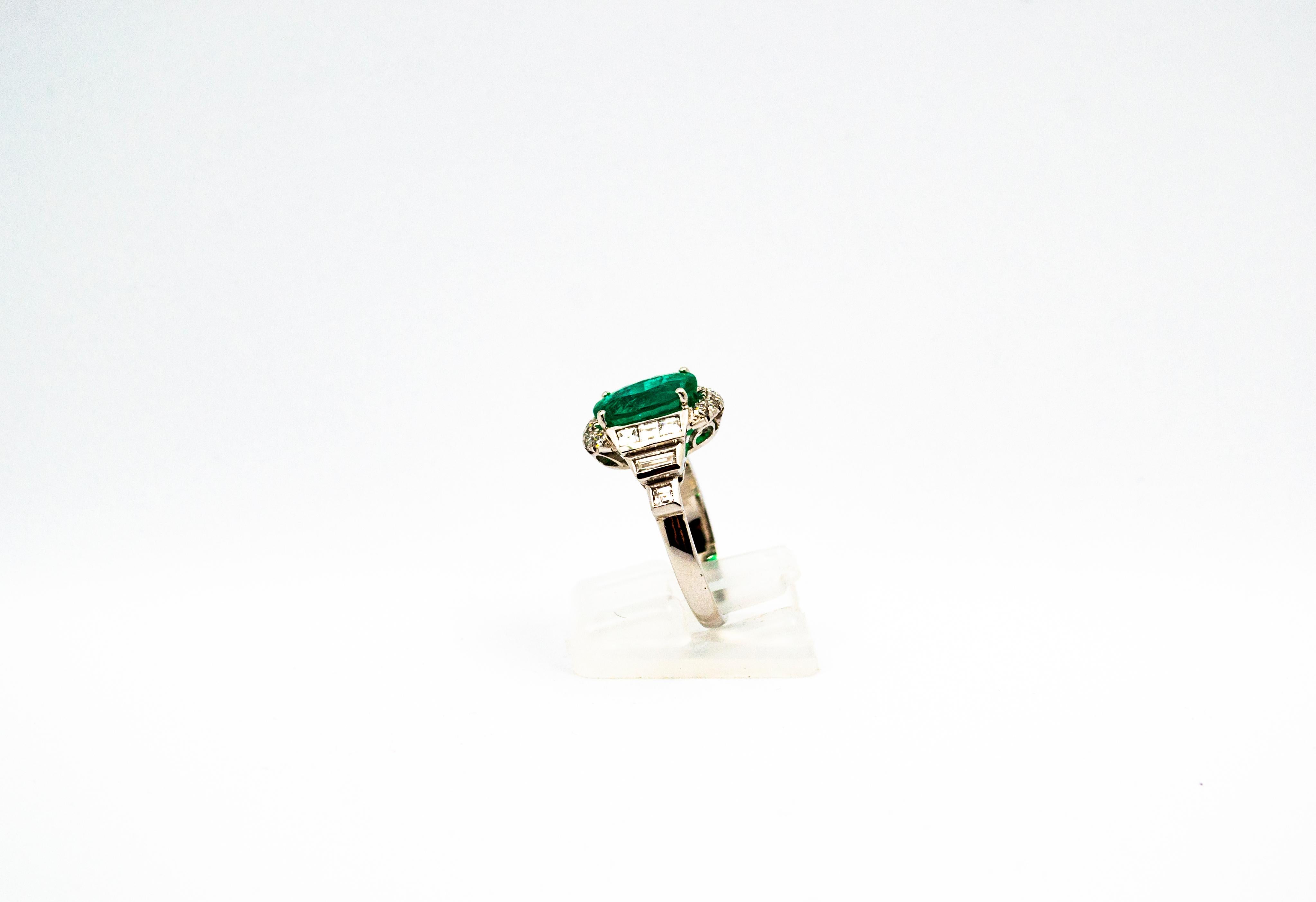 Art Deco Style 3.30 Carat Emerald 0.90 Carat White Diamond White Cocktail Ring 1