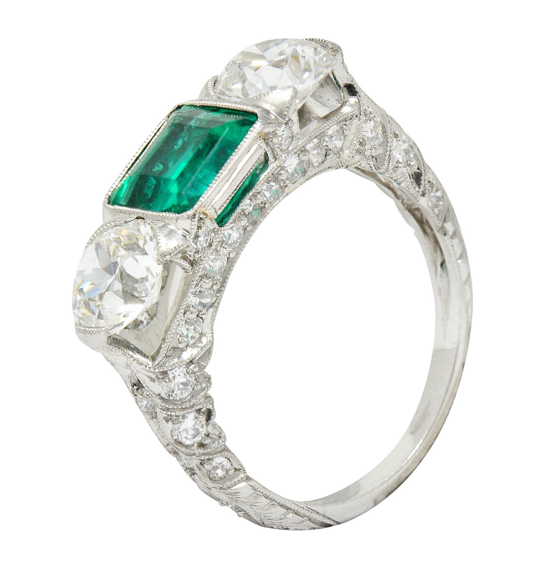Art Deco 3.30 Carats Diamond Emerald Platinum Three Stone Ring 5