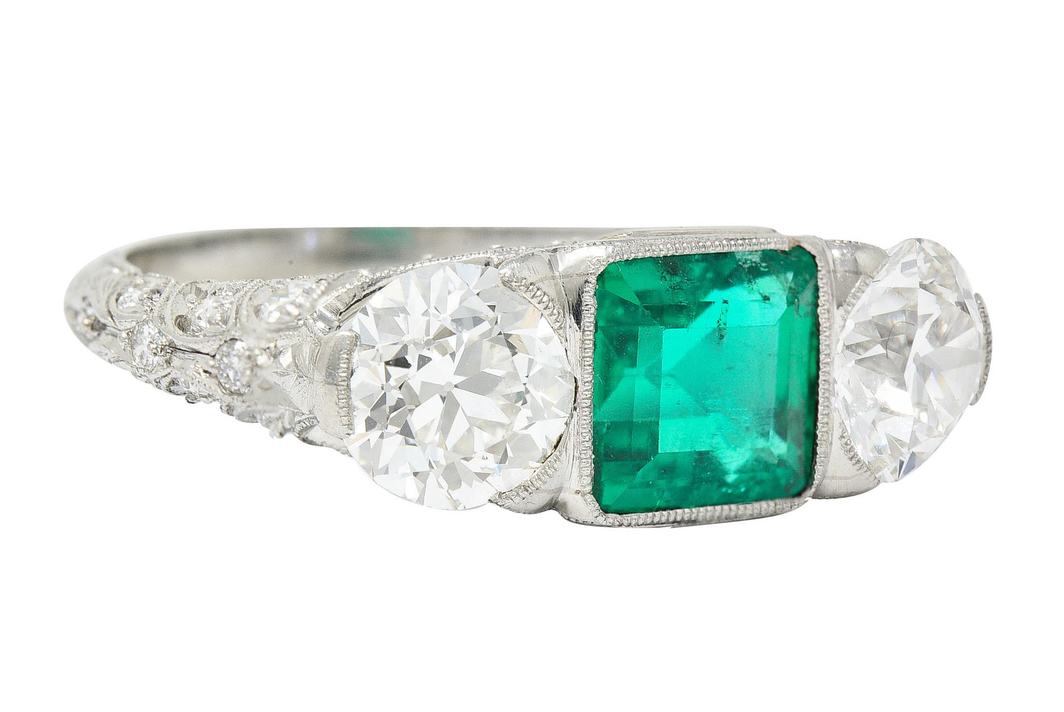 Brilliant Cut Art Deco 3.30 Carats Diamond Emerald Platinum Three Stone Ring