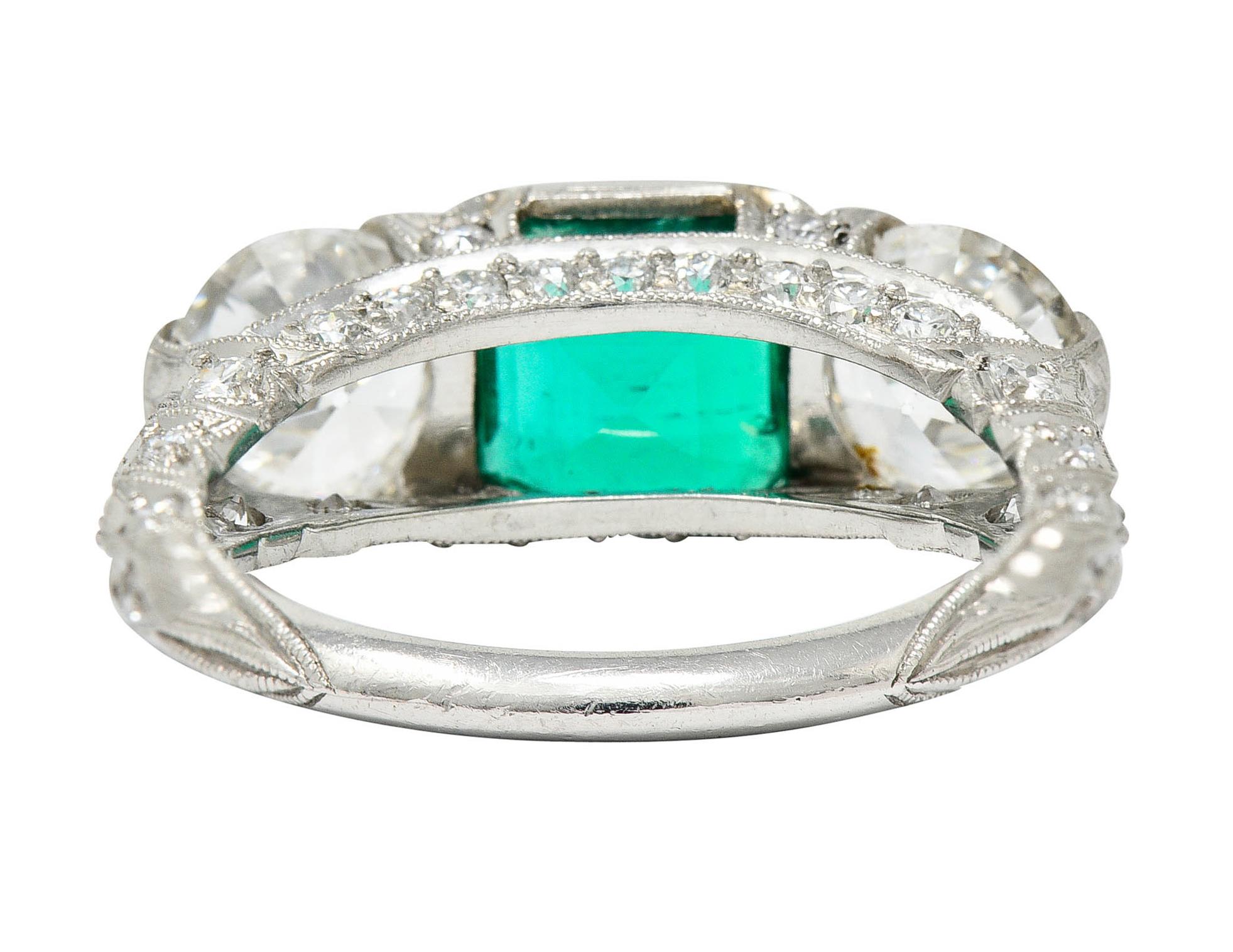 Women's or Men's Art Deco 3.30 Carats Diamond Emerald Platinum Three Stone Ring