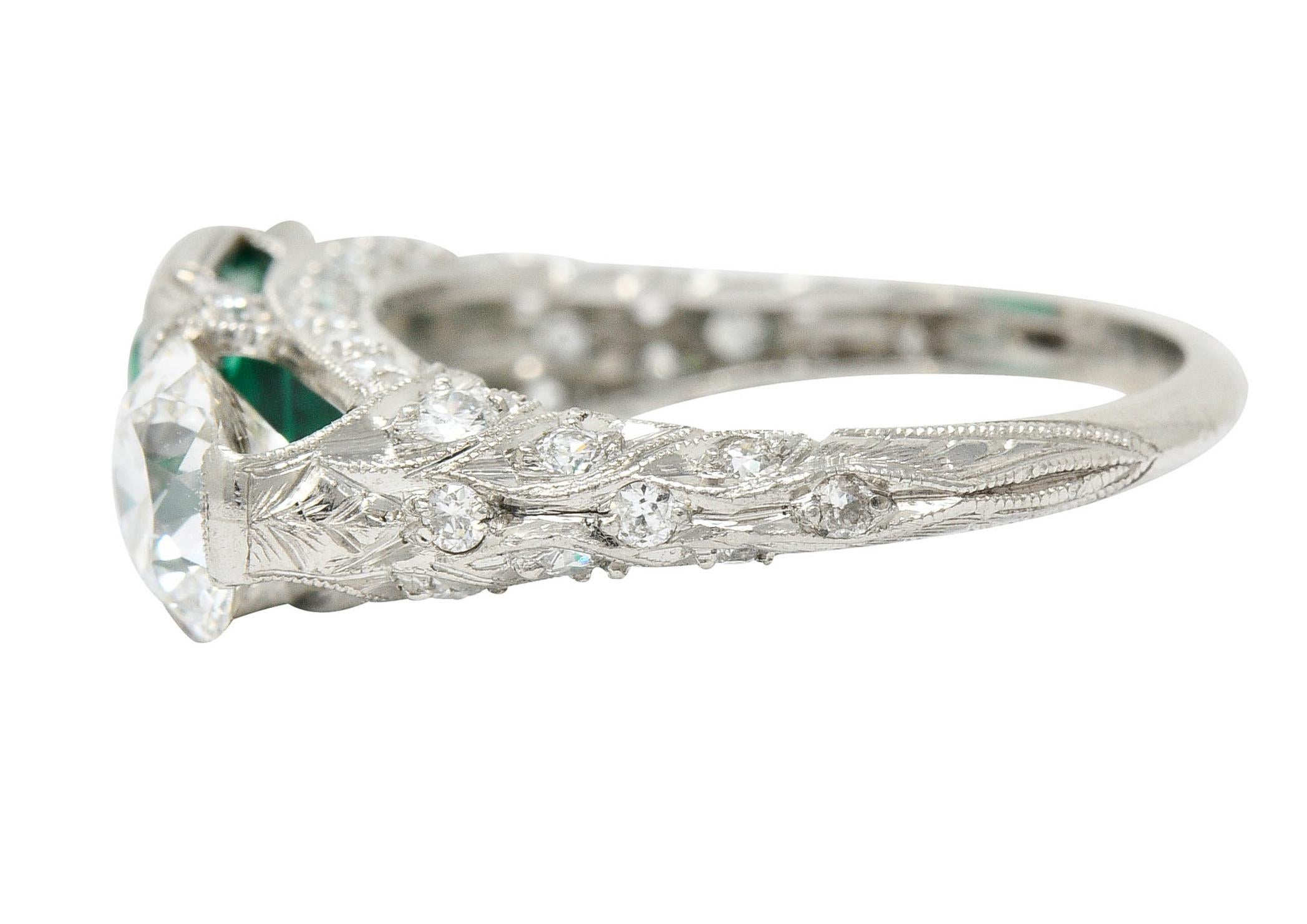 Art Deco 3.30 Carats Diamond Emerald Platinum Three Stone Ring 1