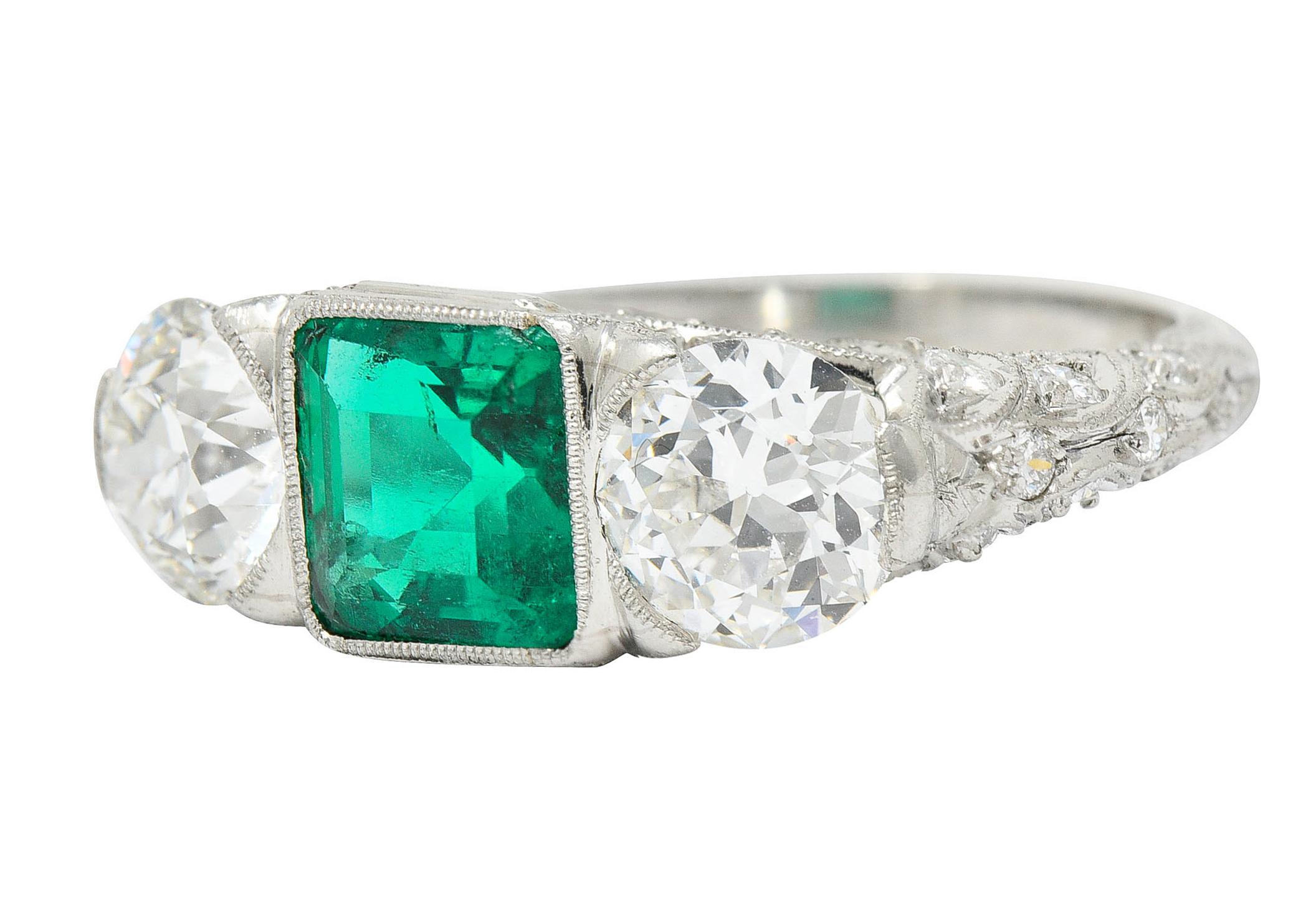 Art Deco 3.30 Carats Diamond Emerald Platinum Three Stone Ring 2