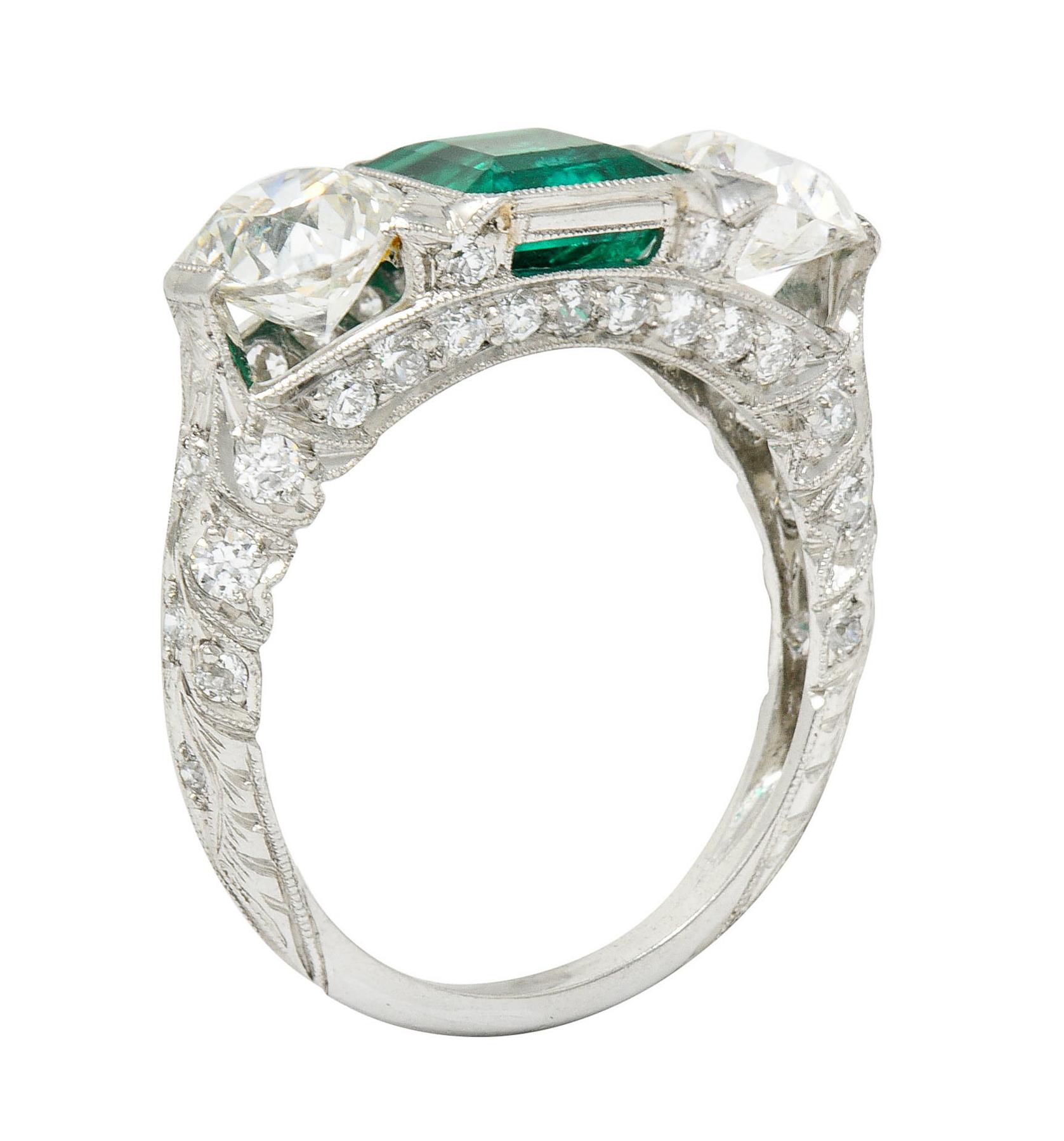 Art Deco 3.30 Carats Diamond Emerald Platinum Three Stone Ring 3