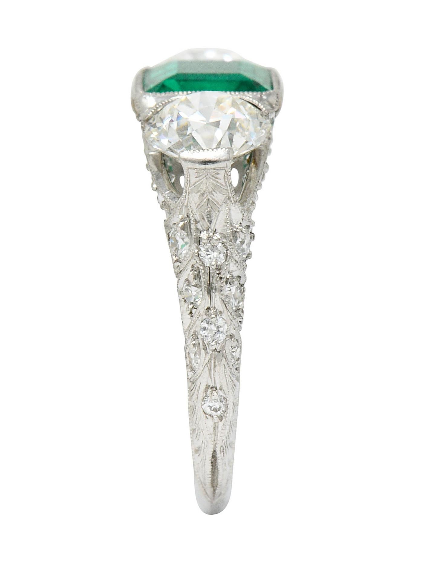 Art Deco 3.30 Carats Diamond Emerald Platinum Three Stone Ring 4