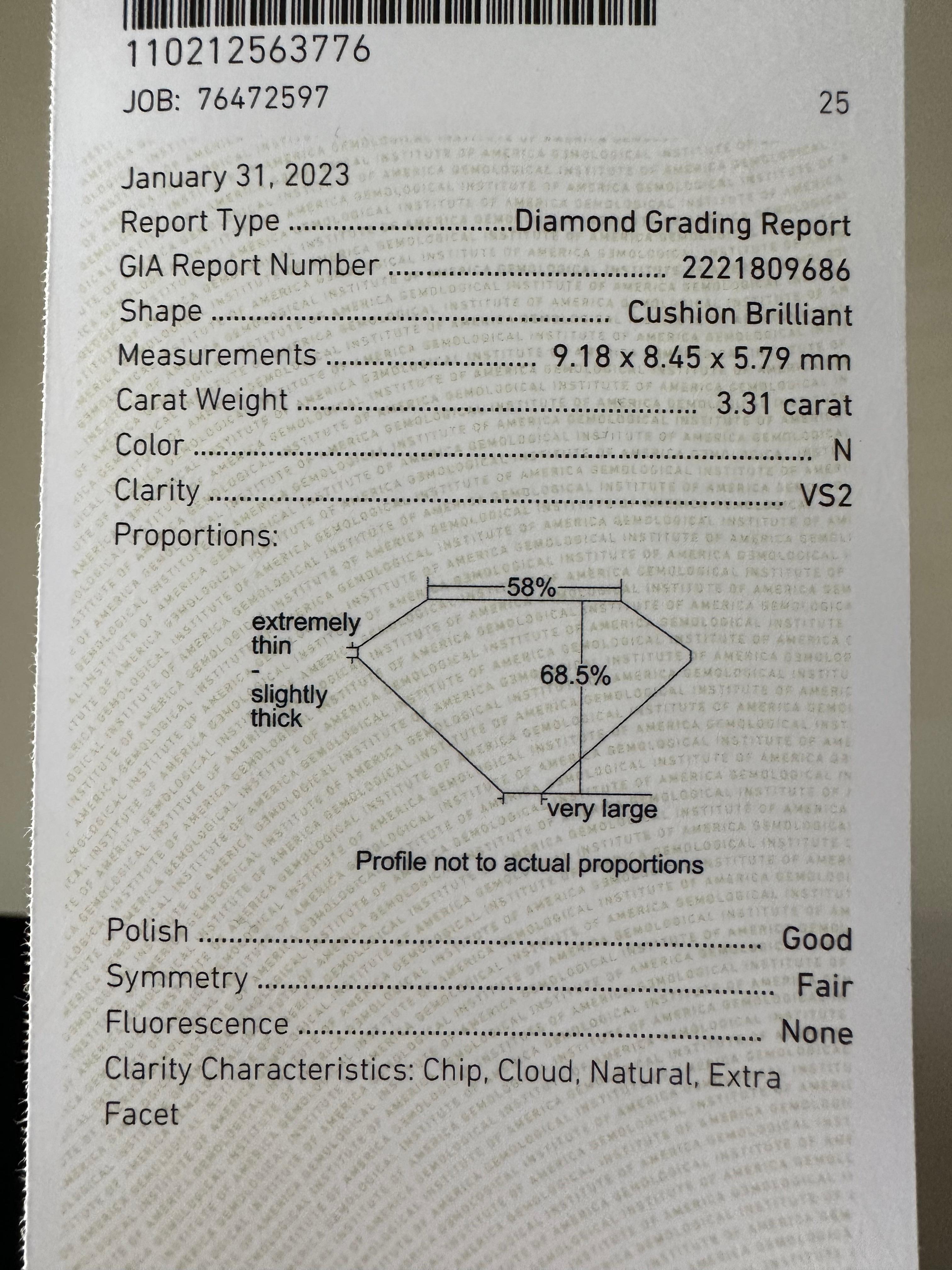 Women's or Men's Art Deco 3.31 Carat Diamond Ring, GIA VS2 N For Sale