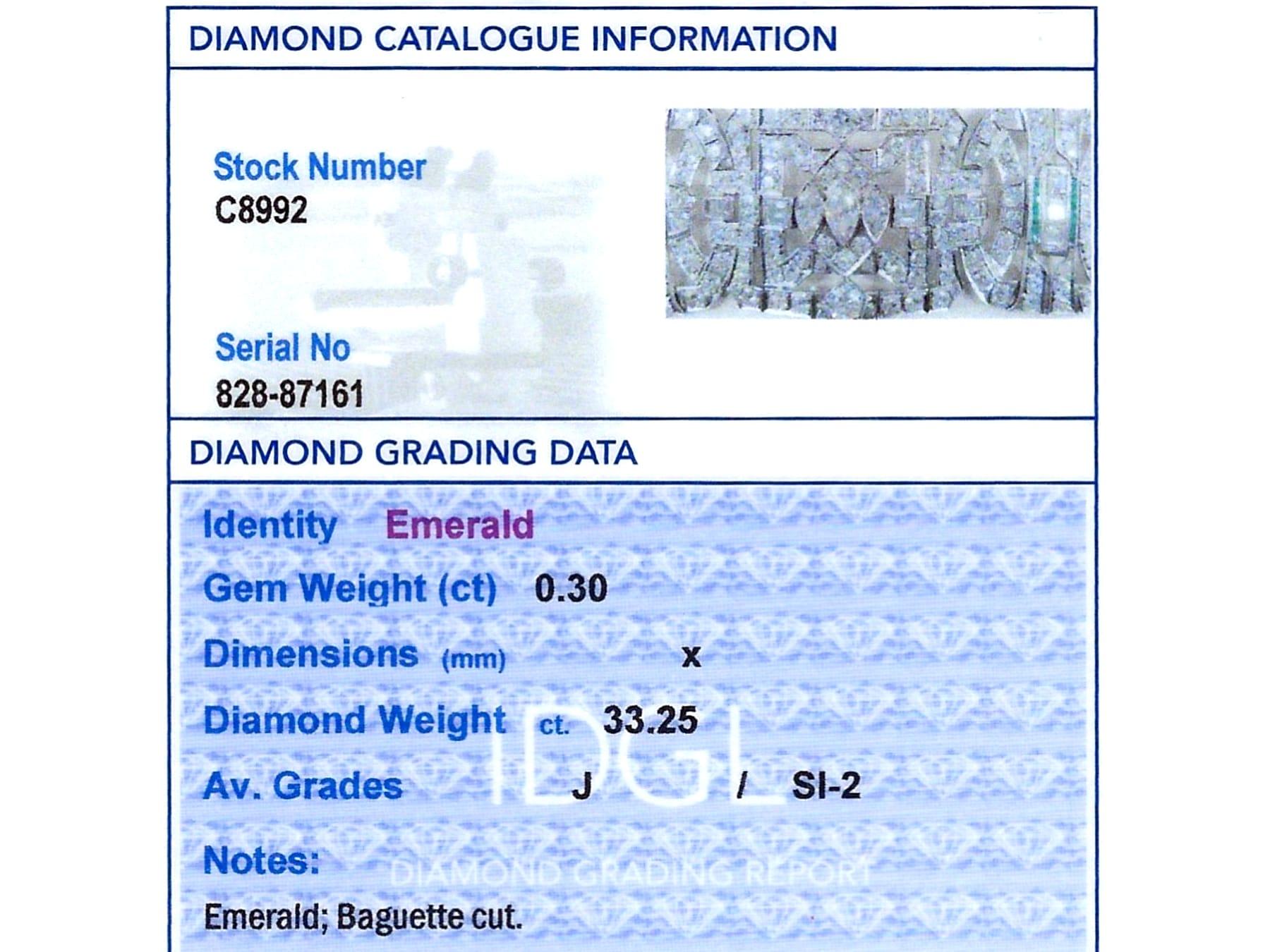 Art Deco 33.25 Carat Diamond and 0.30 Carat Emerald Platinum Bracelet Circa 1930 For Sale 12