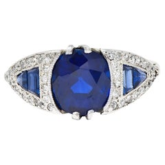 Art Deco 3.33 CTW No Heat Burma Sapphire Diamond 18 Karat White Gold Ring AGL