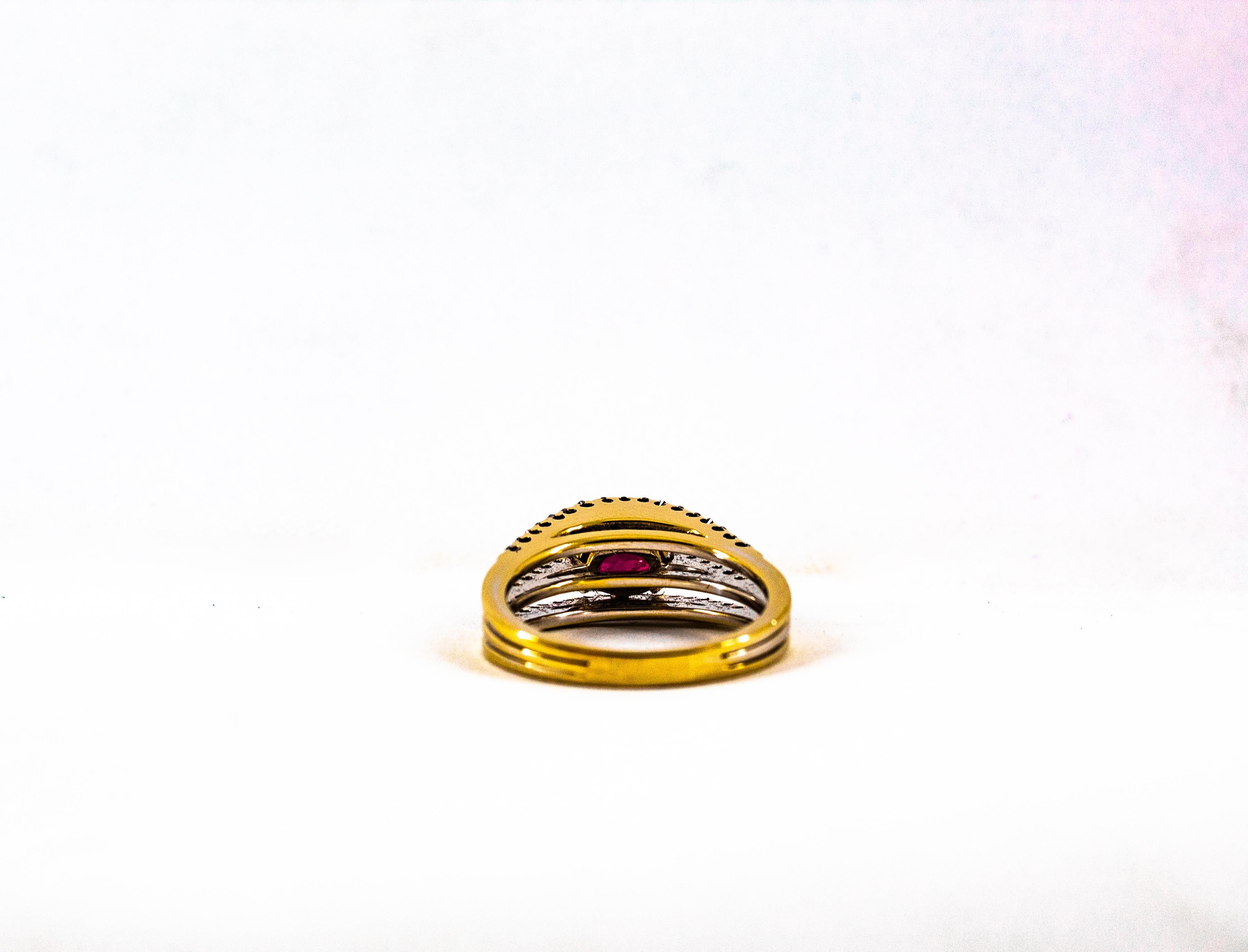 Anillo de cóctel de oro amarillo con diamantes blancos y rubíes talla oval de 3,35 quilates estilo art déco 7