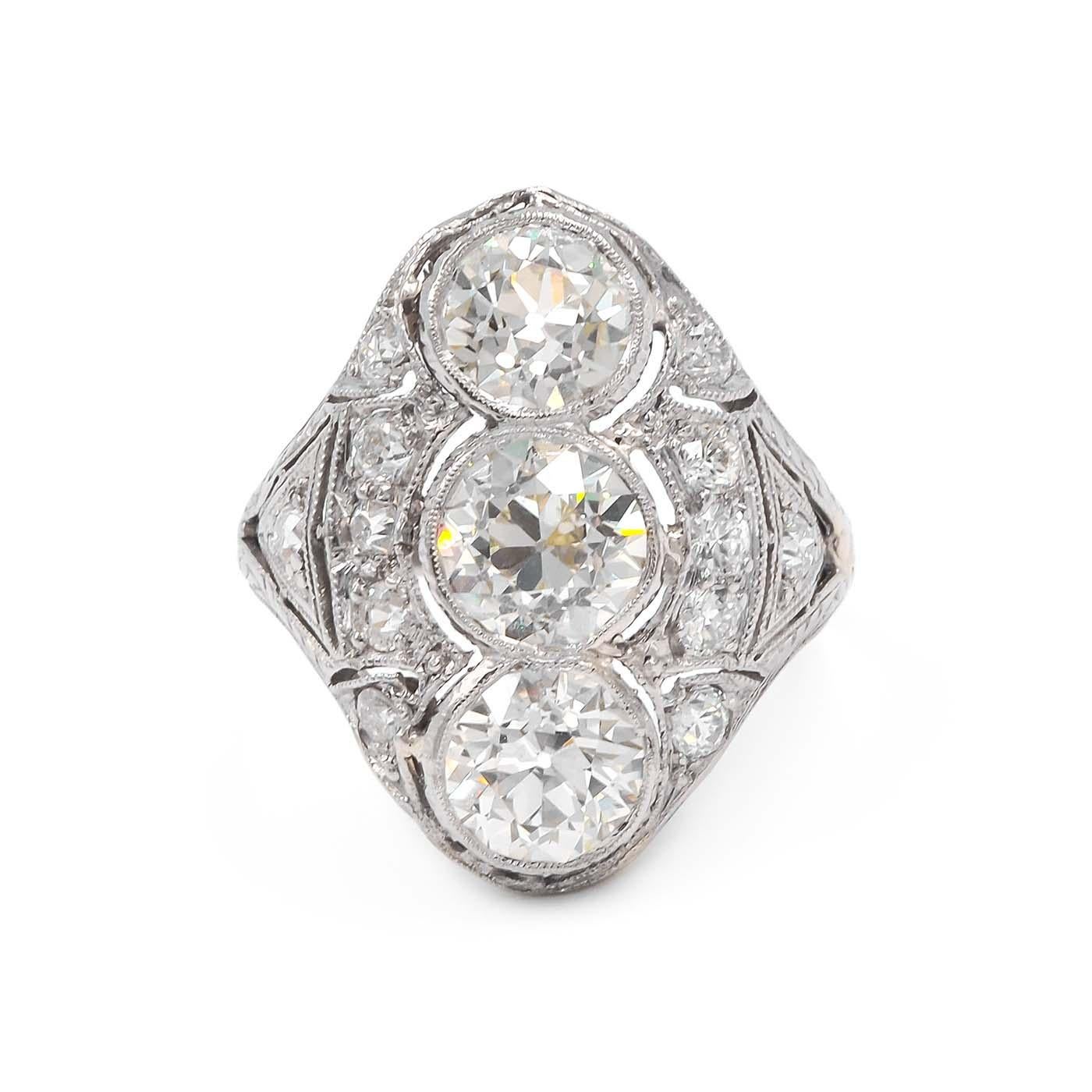 Art Deco 3.37 Carat Total Weight GIA Old European Cut Diamond 3-Stone Ring For Sale
