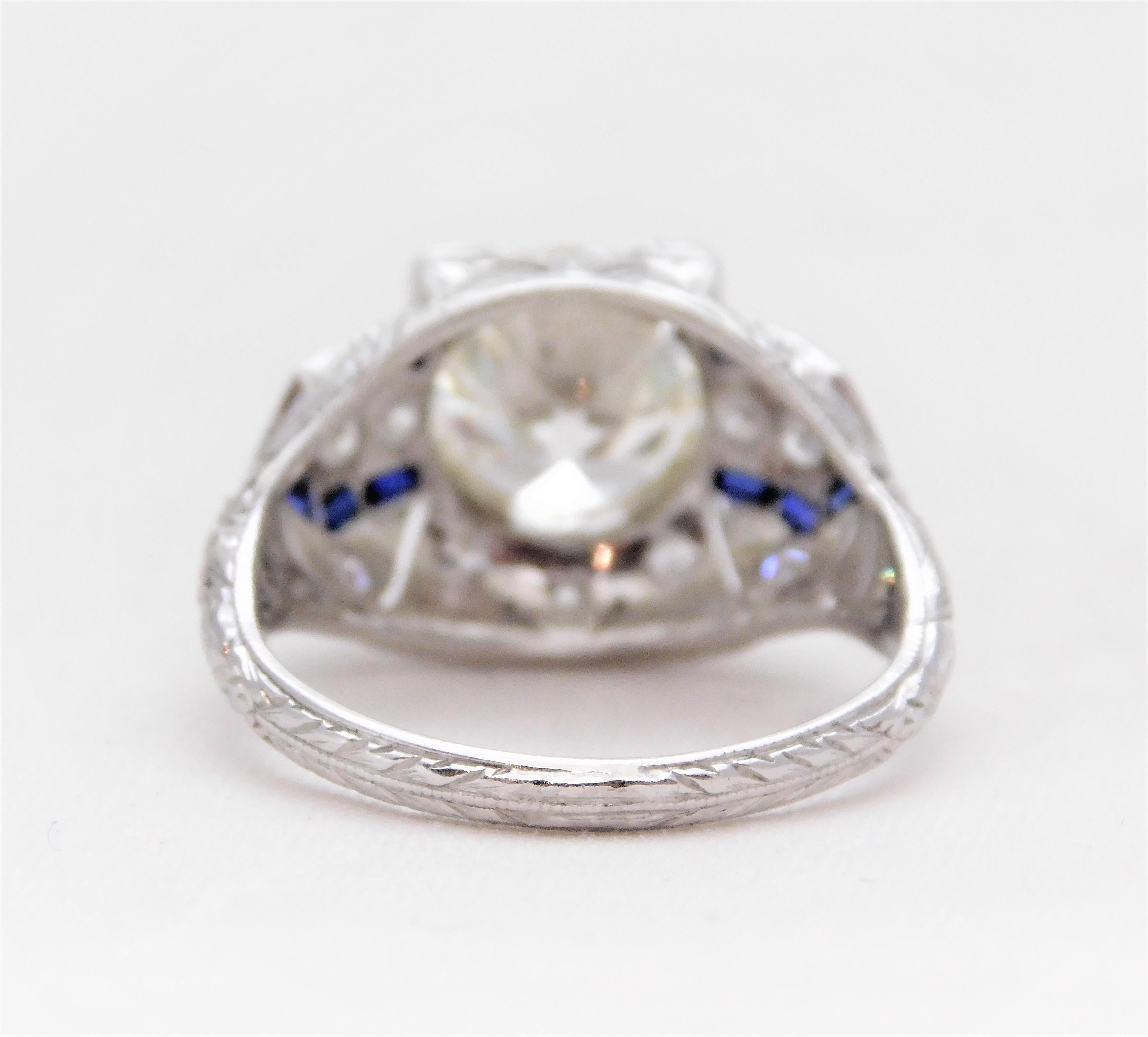 Art Deco 3.41 Carat Platinum Diamond and Sapphire Engagement Ring, circa 1930 For Sale 6