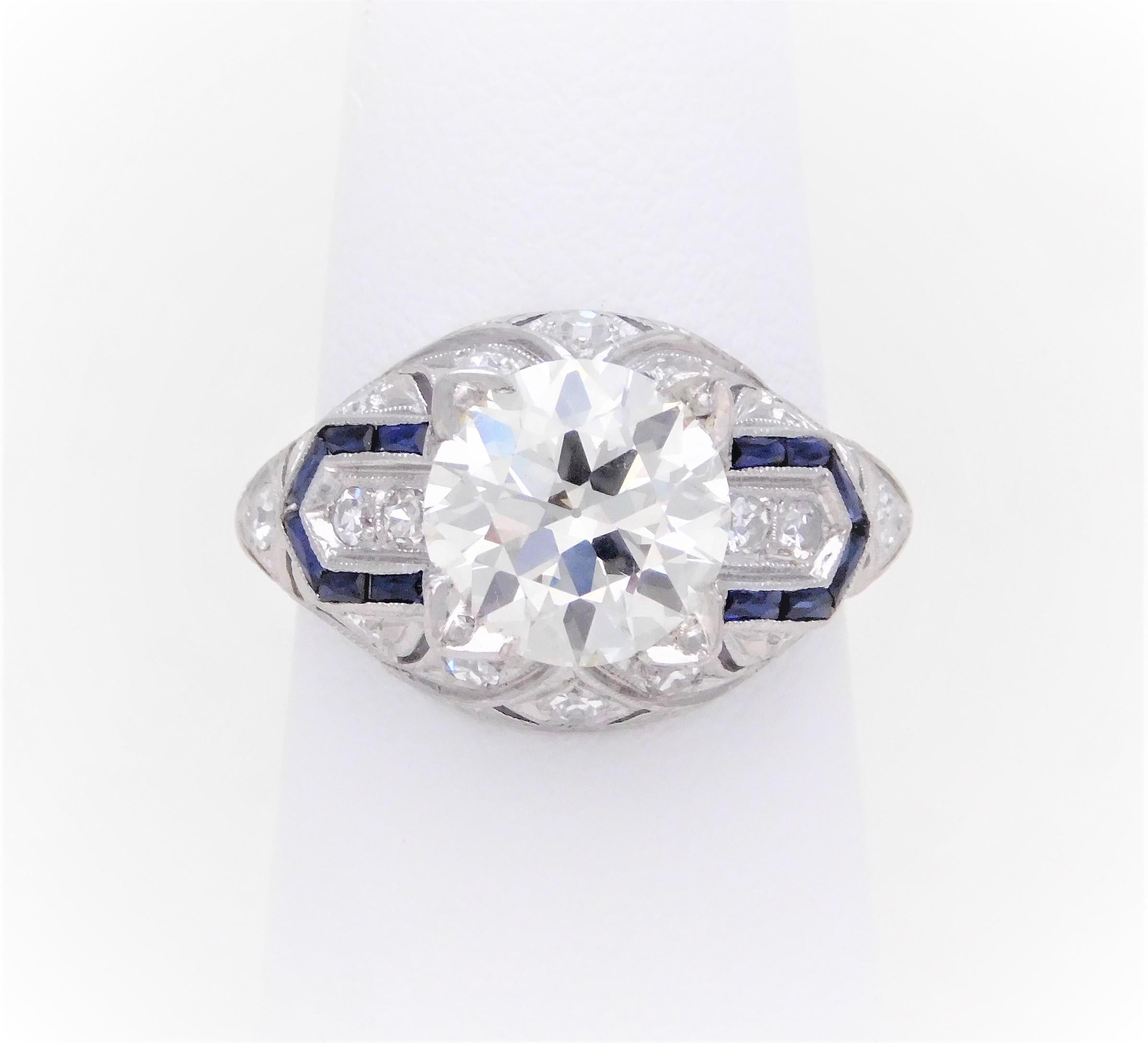 Art Deco 3.41 Carat Platinum Diamond and Sapphire Engagement Ring, circa 1930 For Sale 7