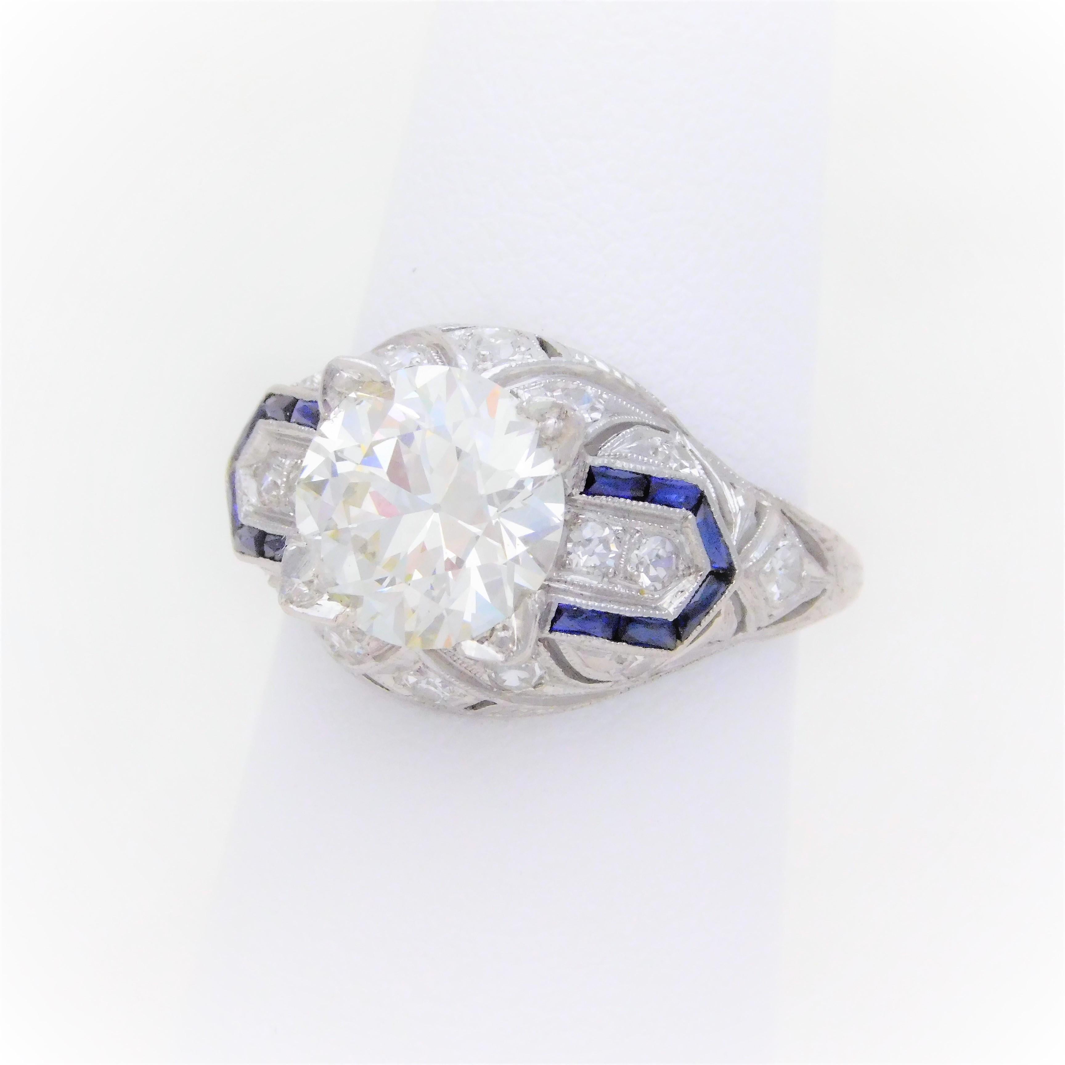 Art Deco 3.41 Carat Platinum Diamond and Sapphire Engagement Ring, circa 1930 For Sale 8