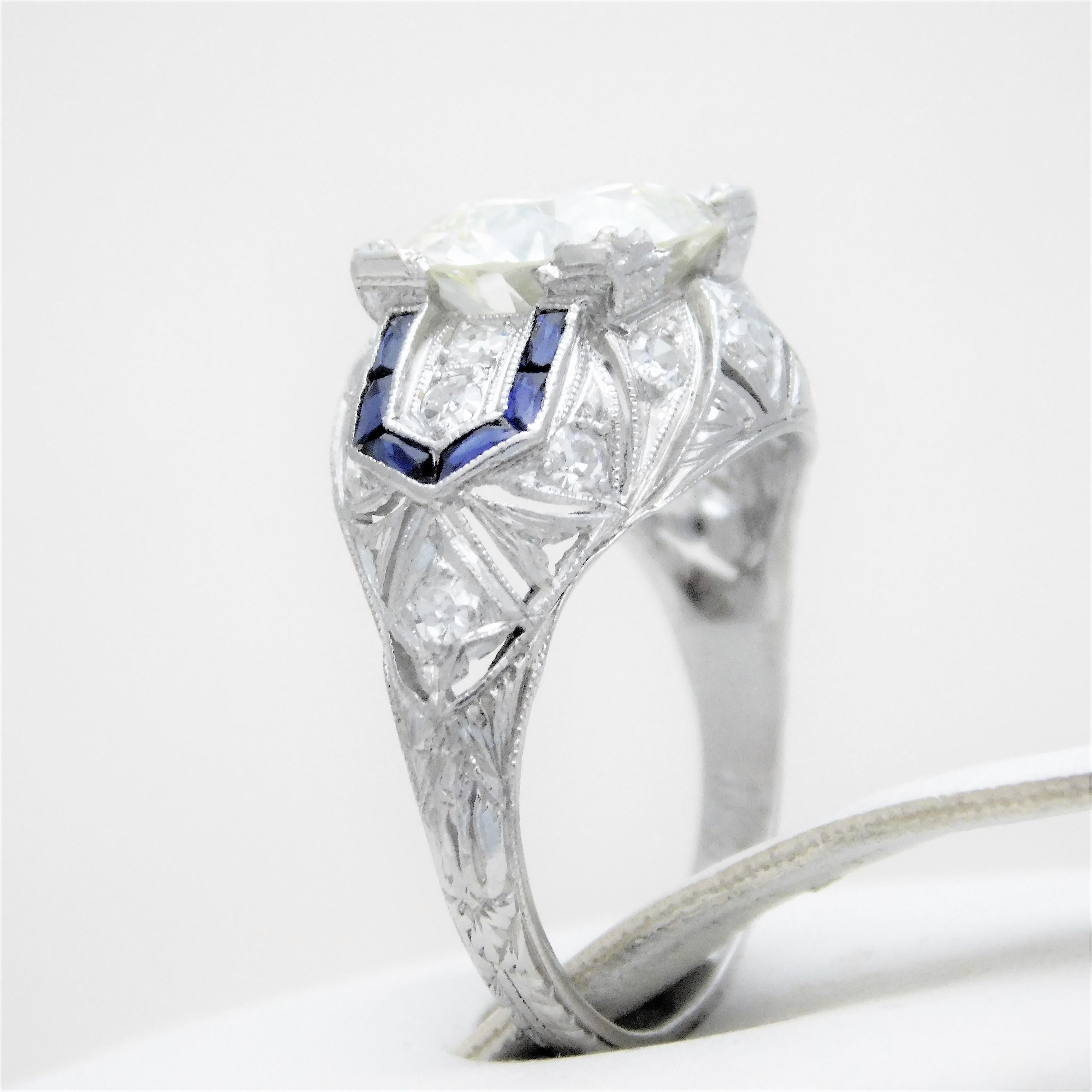 Art Deco 3.41 Carat Platinum Diamond and Sapphire Engagement Ring, circa 1930 For Sale 10