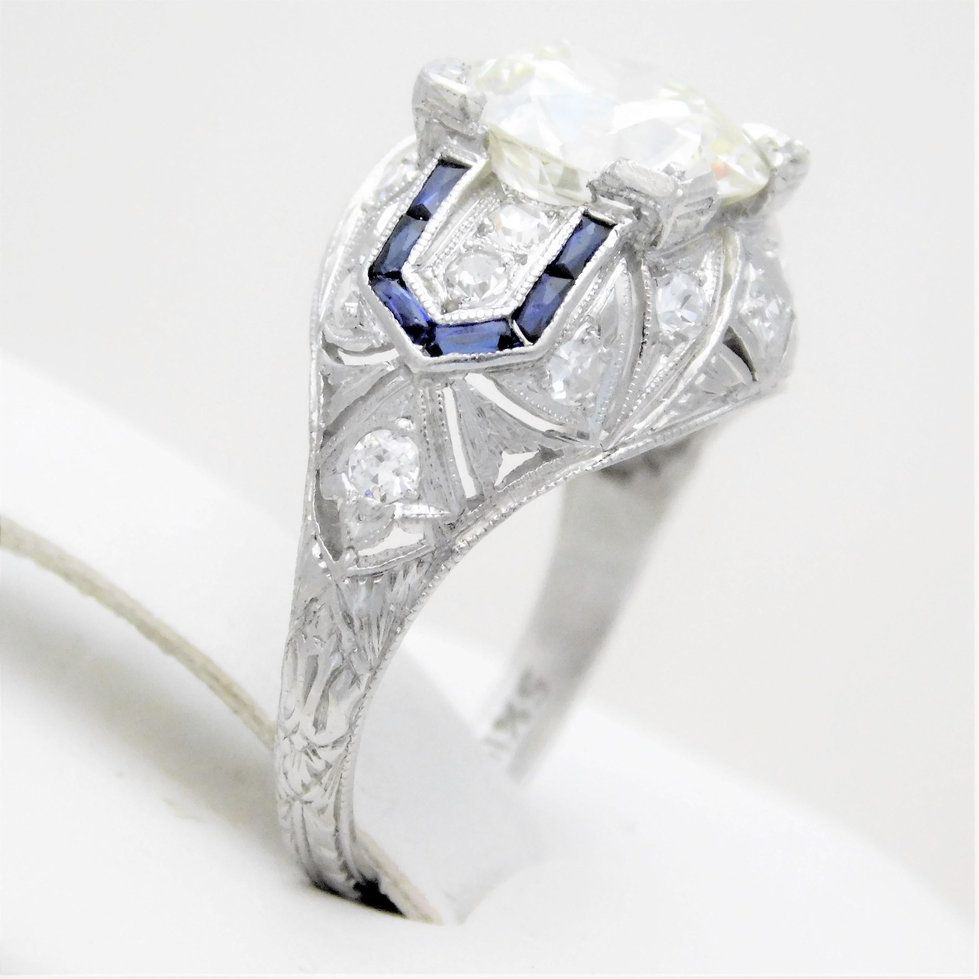 Art Deco 3.41 Carat Platinum Diamond and Sapphire Engagement Ring, circa 1930 For Sale 11