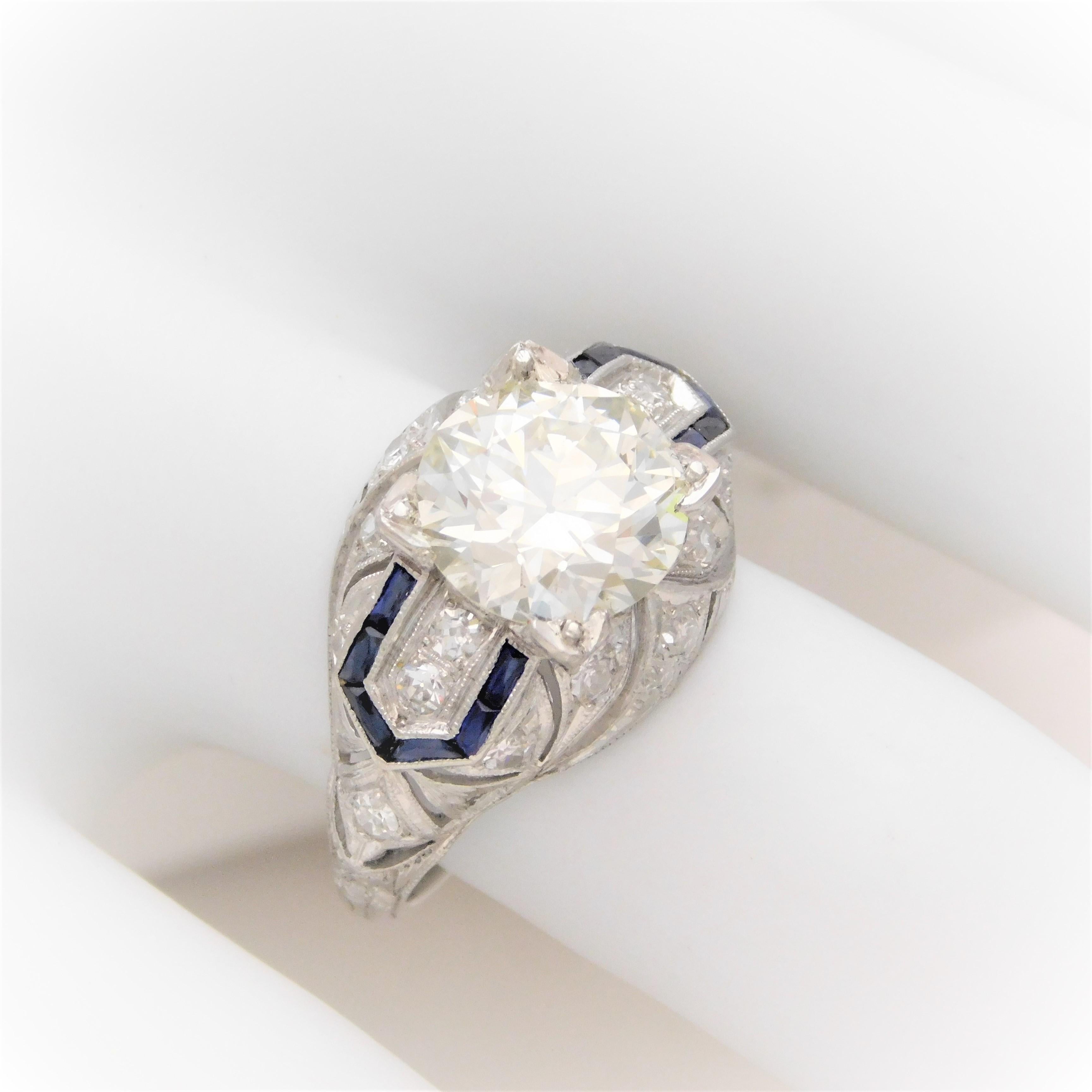 Art Deco 3.41 Carat Platinum Diamond and Sapphire Engagement Ring, circa 1930 For Sale 12