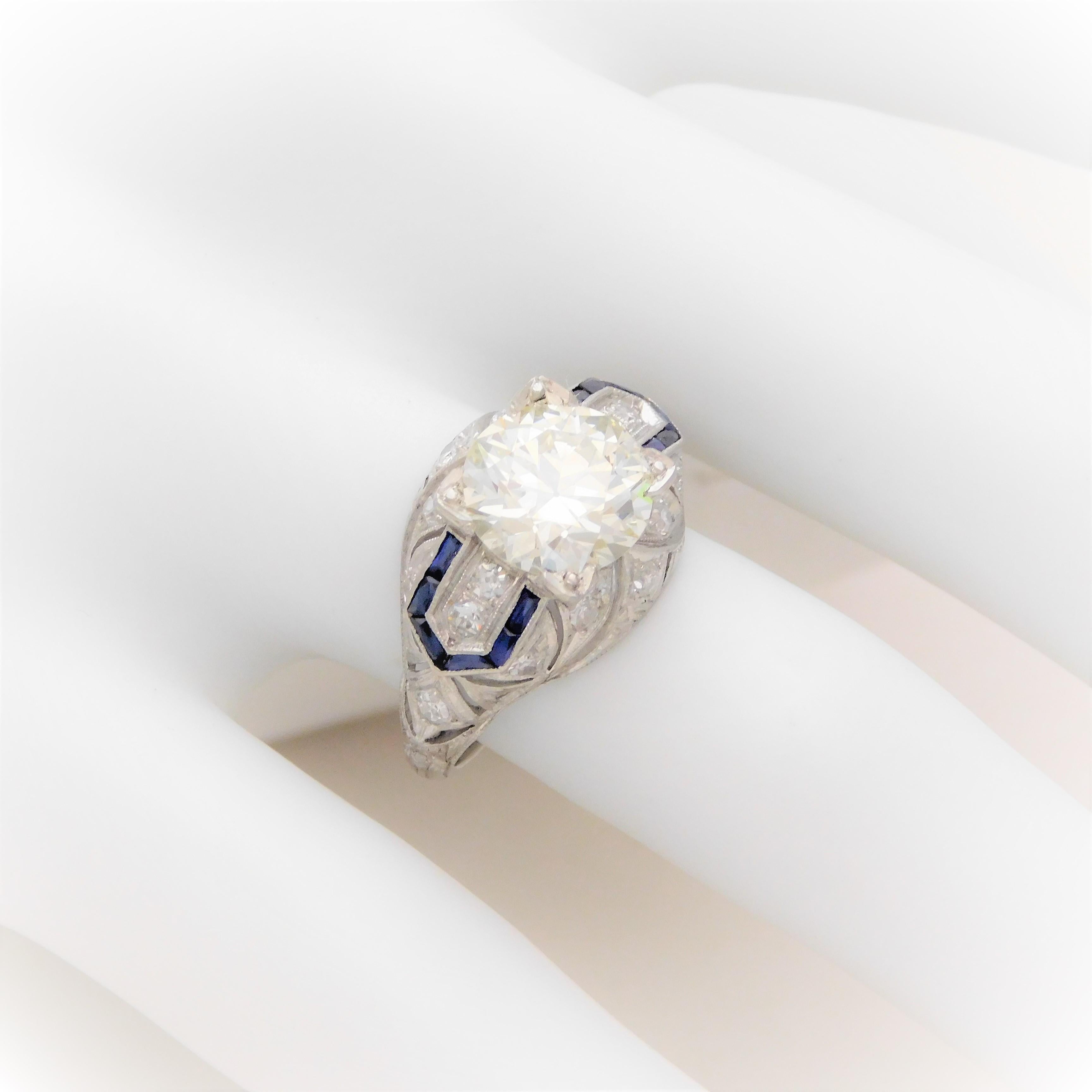Art Deco 3.41 Carat Platinum Diamond and Sapphire Engagement Ring, circa 1930 For Sale 13