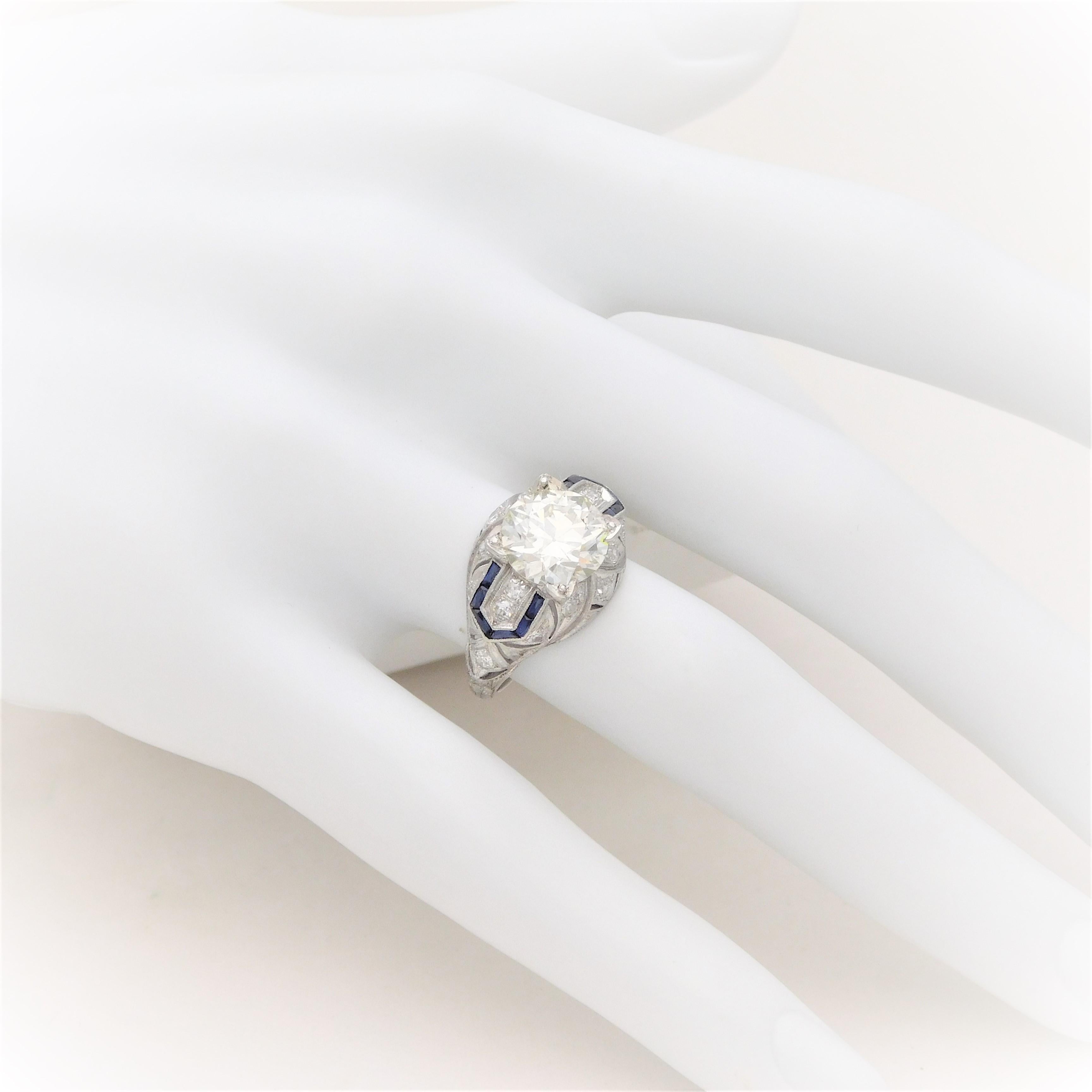 Art Deco 3.41 Carat Platinum Diamond and Sapphire Engagement Ring, circa 1930 For Sale 14