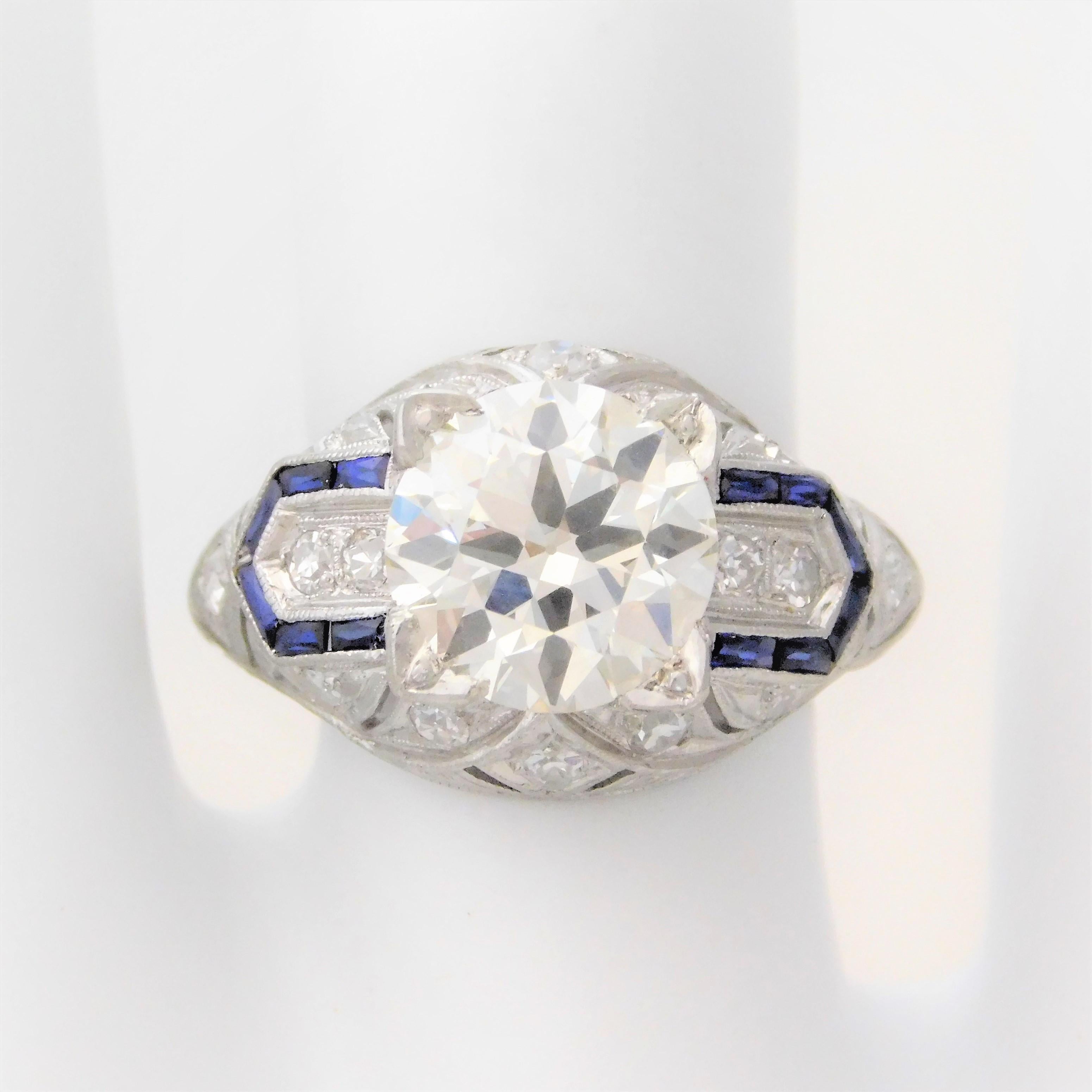 Art Deco 3.41carat Ladies’ Platinum Diamond and Sapphire Engagement Ring Circa 1930   
 
Art Deco, our favorite era in estate jewelry, is a style that emerged in 1925 as a result of exhibits at the World's Fair held in Paris, France. The term Art