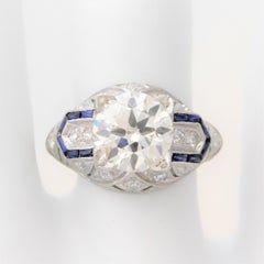 Art Deco 3.41 Carat Platinum Diamond and Sapphire Engagement Ring, circa 1930