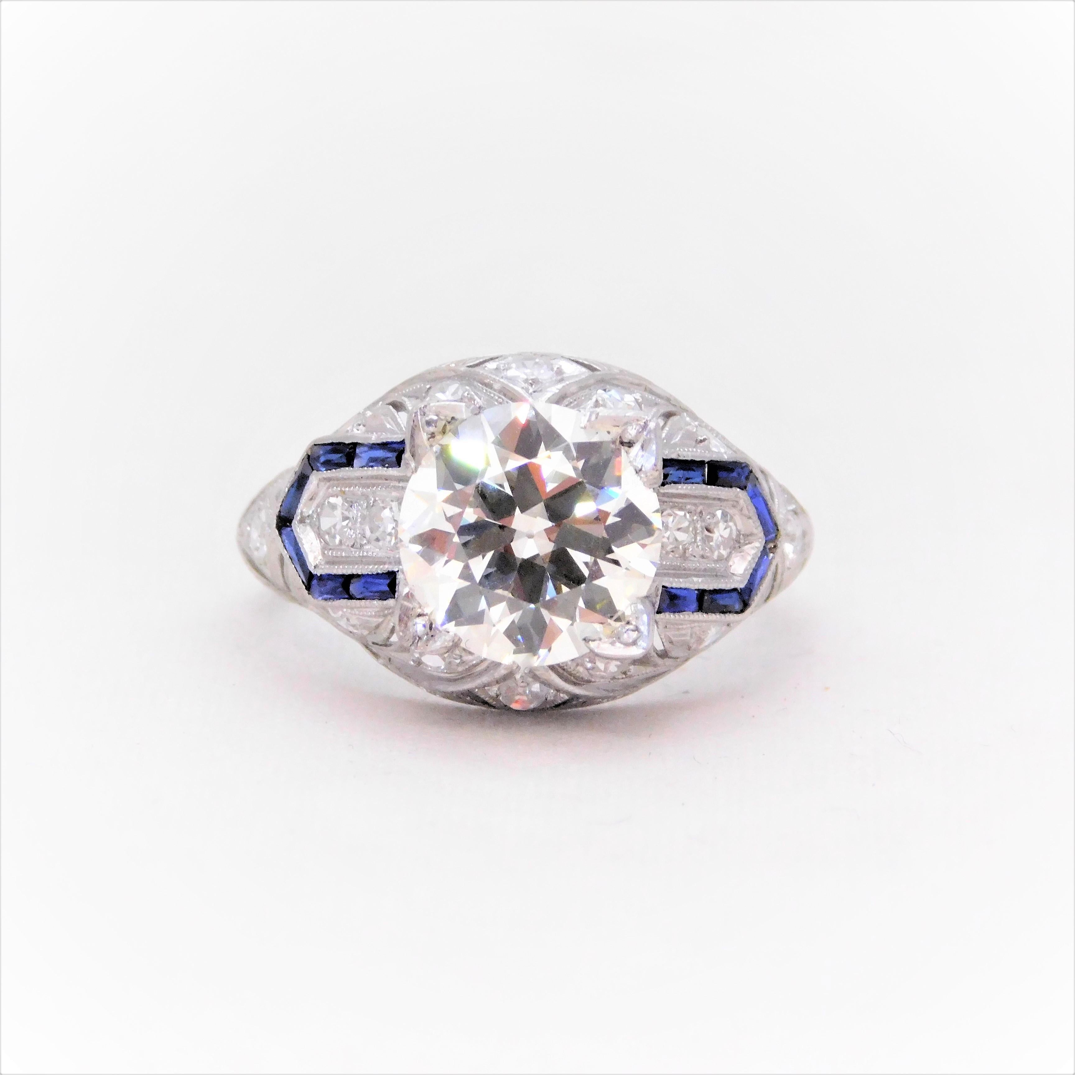 Round Cut Art Deco 3.41 Carat Platinum Diamond and Sapphire Engagement Ring, circa 1930 For Sale