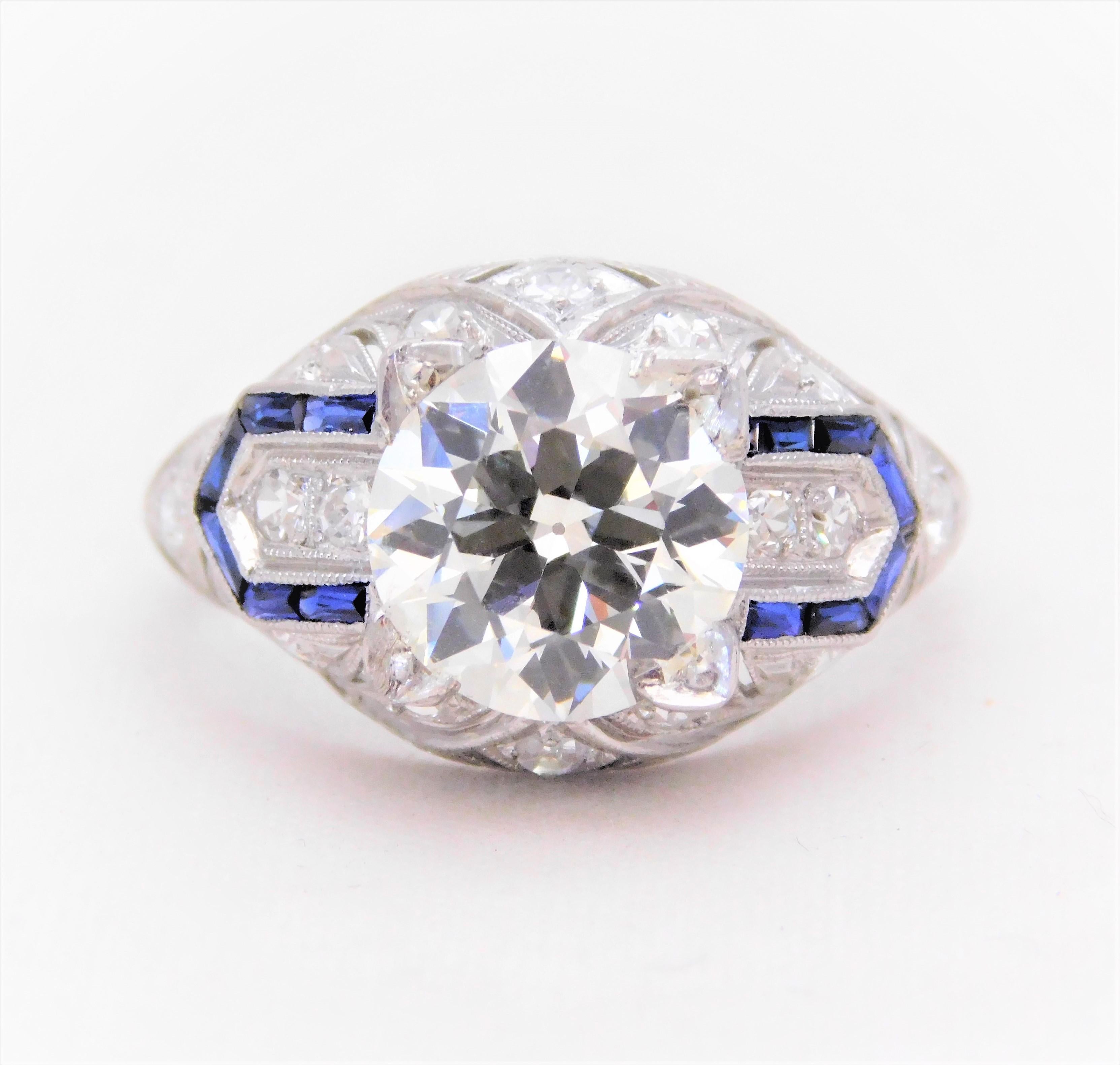Art Deco 3.41 Carat Platinum Diamond and Sapphire Engagement Ring, circa 1930 In Excellent Condition For Sale In Metairie, LA