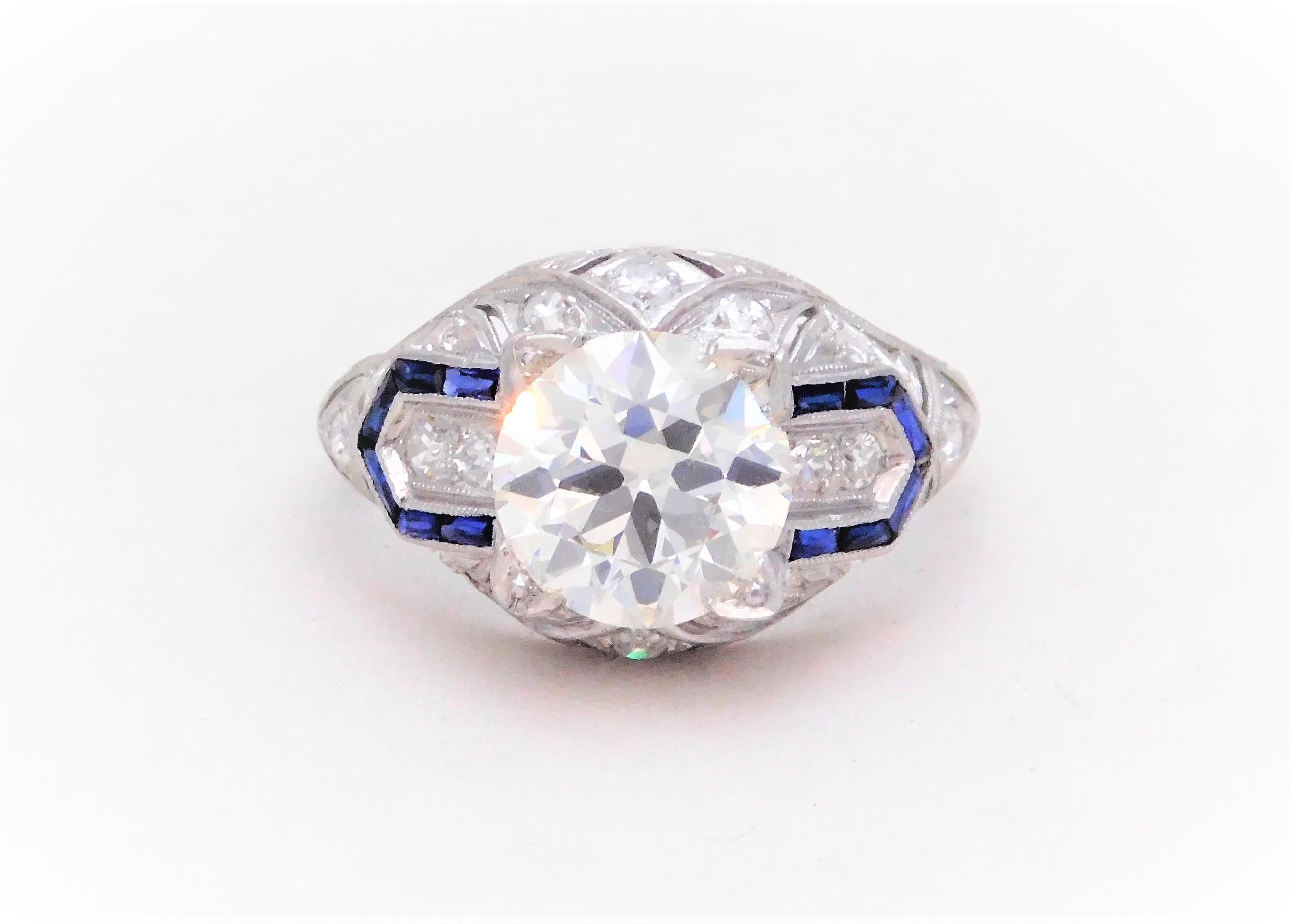 Women's Art Deco 3.41 Carat Platinum Diamond and Sapphire Engagement Ring, circa 1930 For Sale