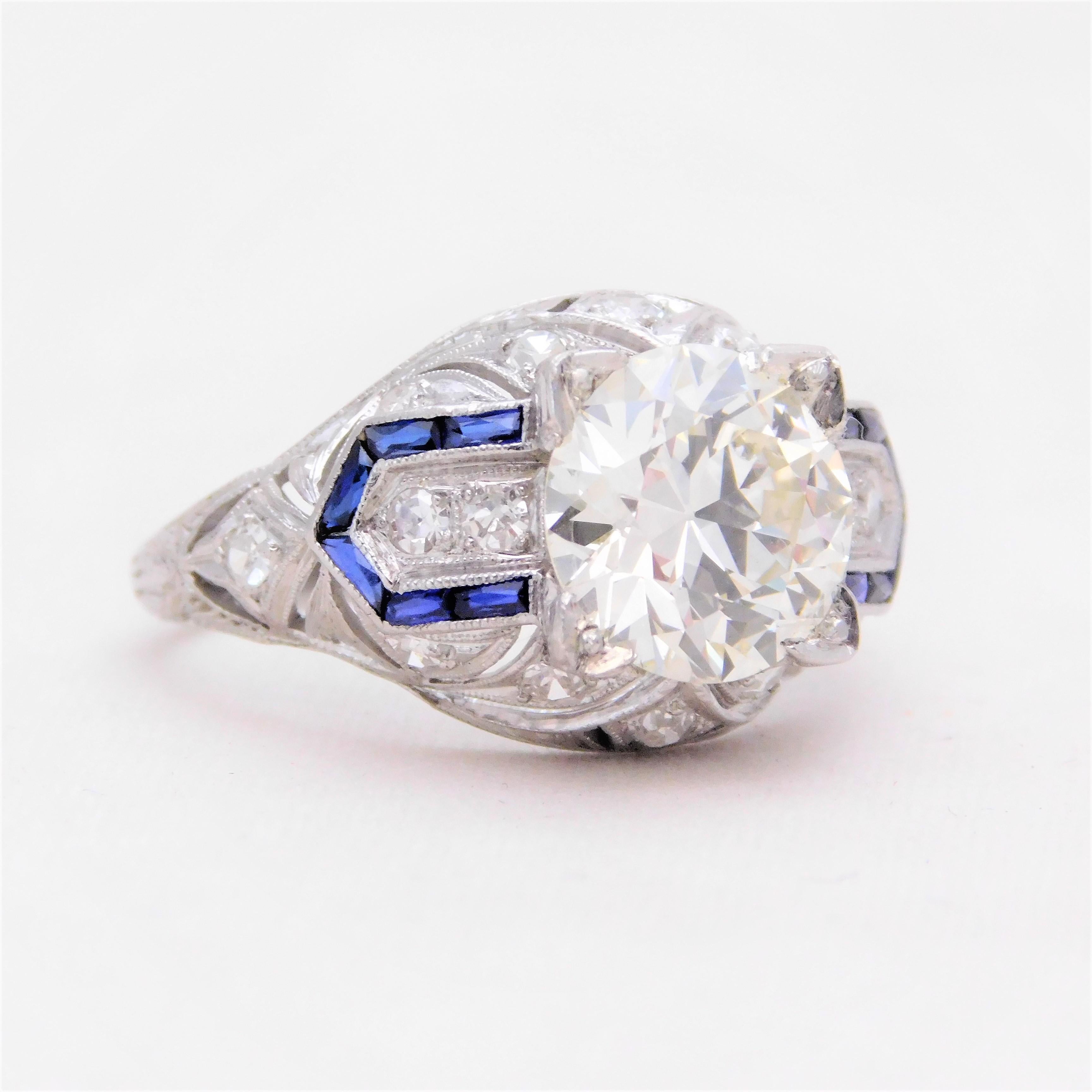 Art Deco 3.41 Carat Platinum Diamond and Sapphire Engagement Ring, circa 1930 For Sale 1