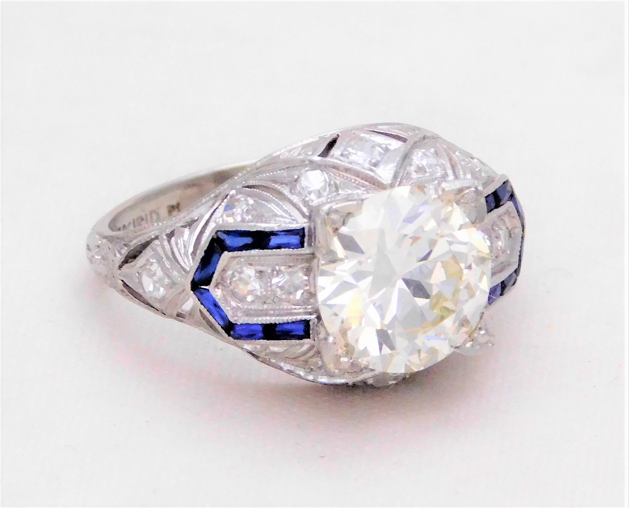 Art Deco 3.41 Carat Platinum Diamond and Sapphire Engagement Ring, circa 1930 For Sale 3