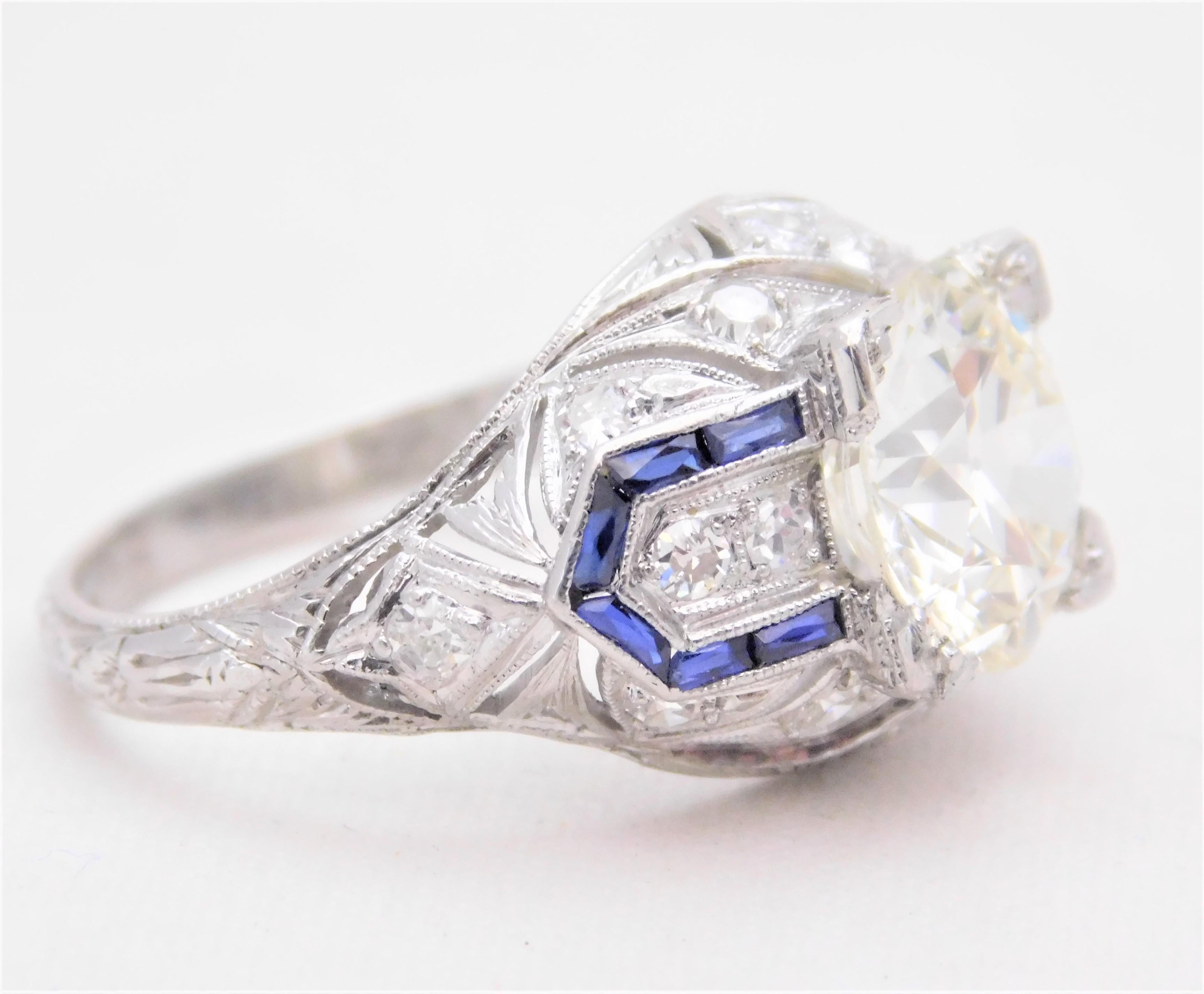 Art Deco 3.41 Carat Platinum Diamond and Sapphire Engagement Ring, circa 1930 For Sale 4