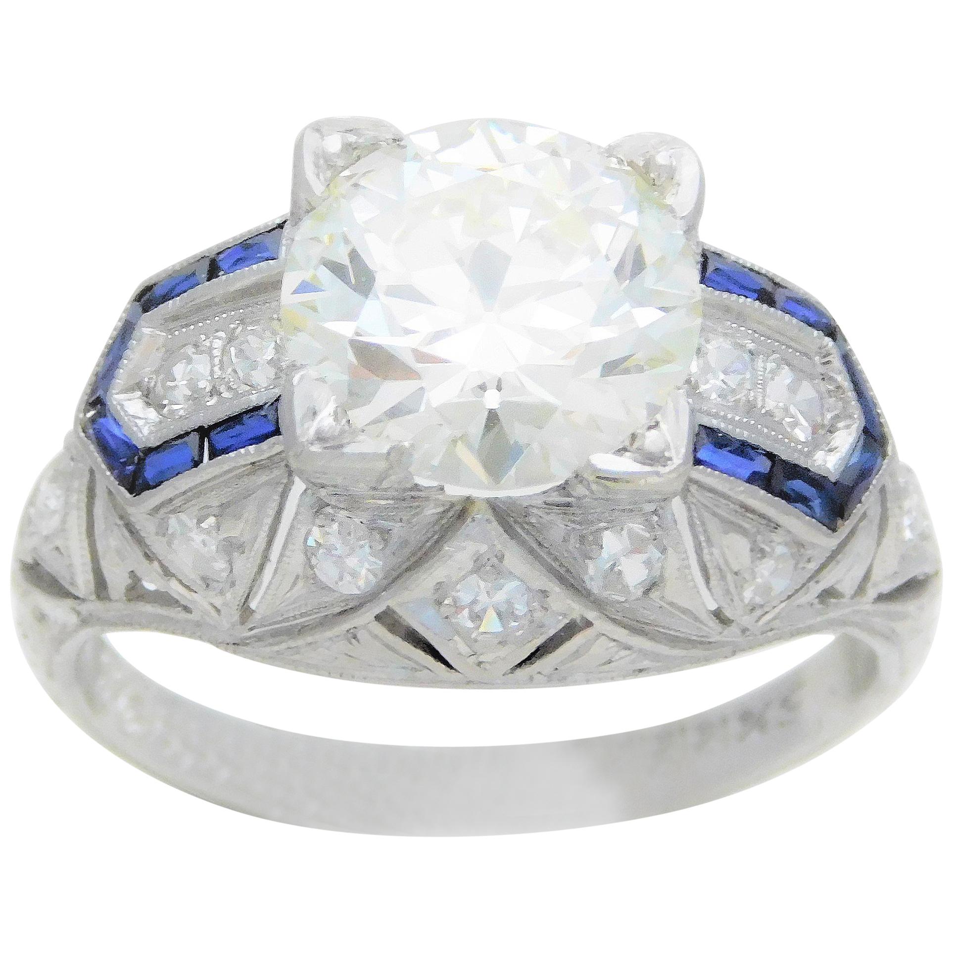 Art Deco 3.41 Carat Platinum Diamond and Sapphire Engagement Ring, circa 1930 For Sale