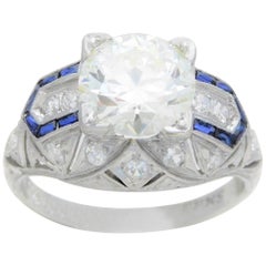 Antique Art Deco 3.41 Carat Platinum Diamond and Sapphire Engagement Ring, circa 1930