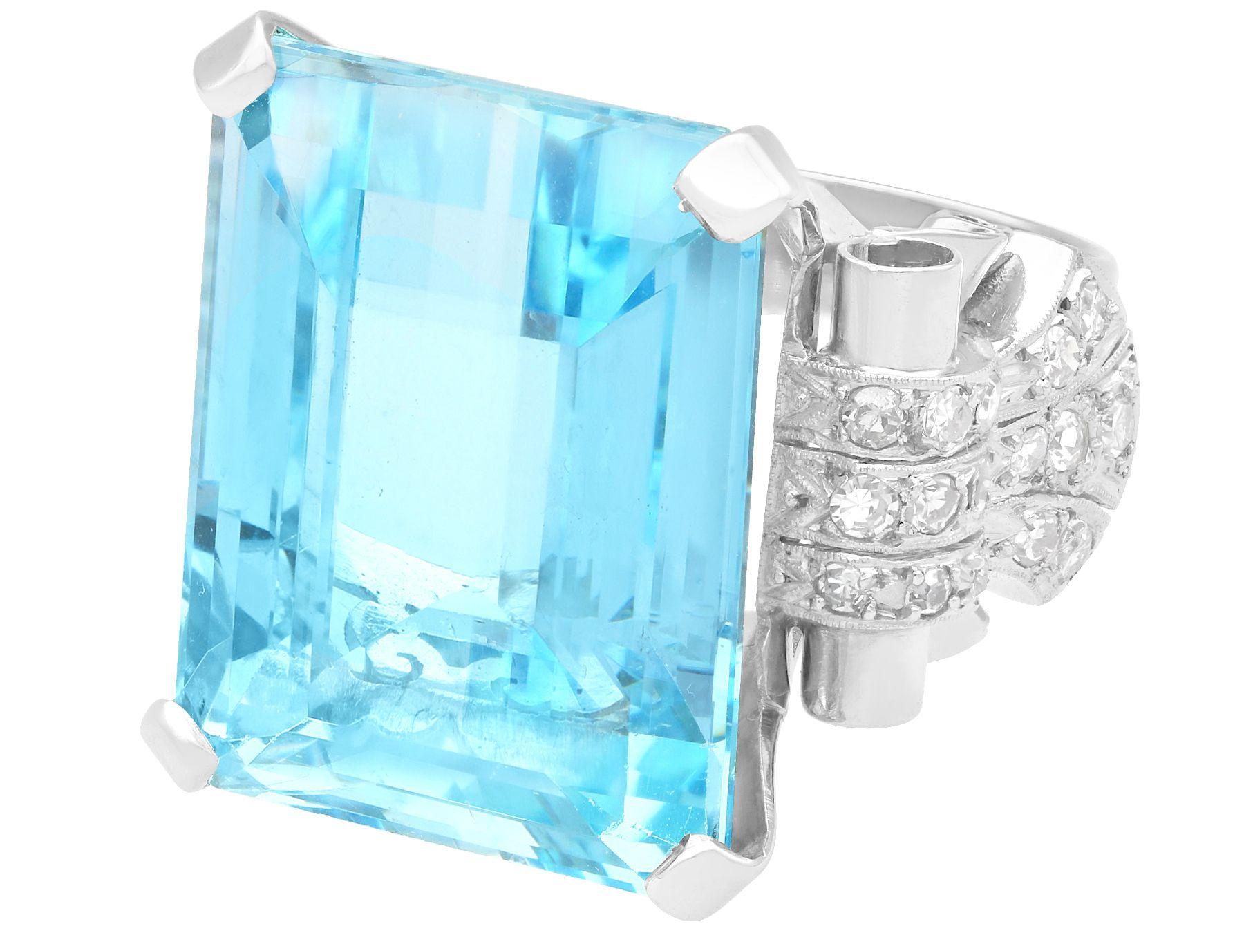 Emerald Cut Art Deco 34.22 Carat Aquamarine and 1.28 Carat Diamond White Gold Cocktail Ring For Sale