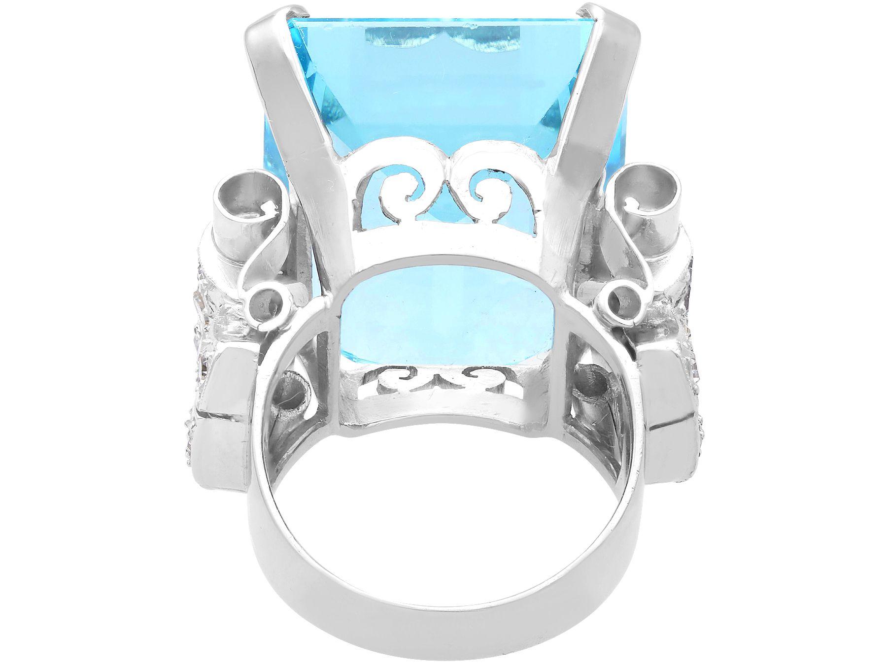 Art Deco 34.22 Carat Aquamarine and 1.28 Carat Diamond White Gold Cocktail Ring For Sale 1