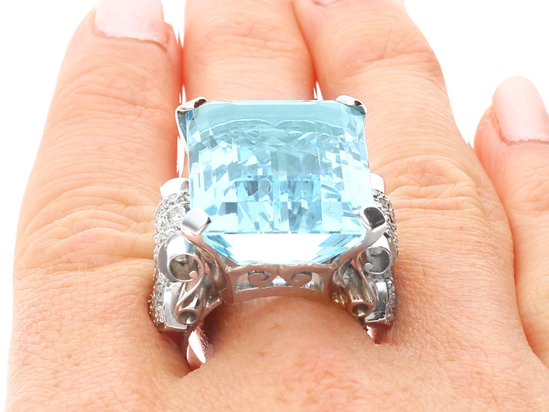 Art Deco 34.22 Carat Aquamarine and 1.28 Carat Diamond White Gold Cocktail Ring For Sale 3