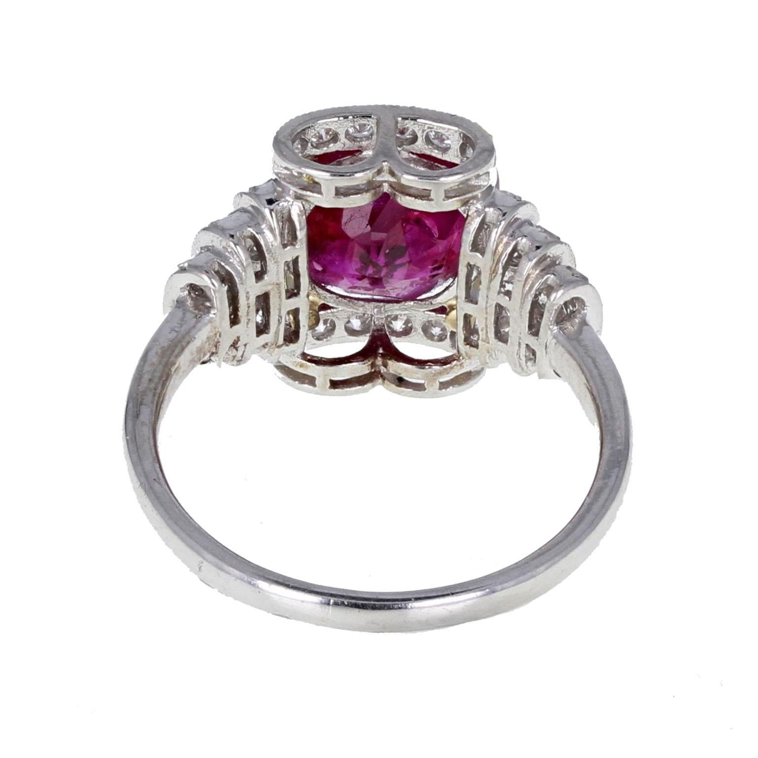 Women's Art Deco 3.43 Carat Burma Ruby Diamond Cocktail Ring For Sale