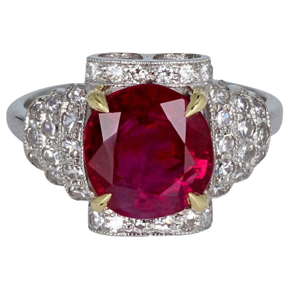 Art Deco 3.43 Carat Burma Ruby Diamond Cocktail Ring For Sale