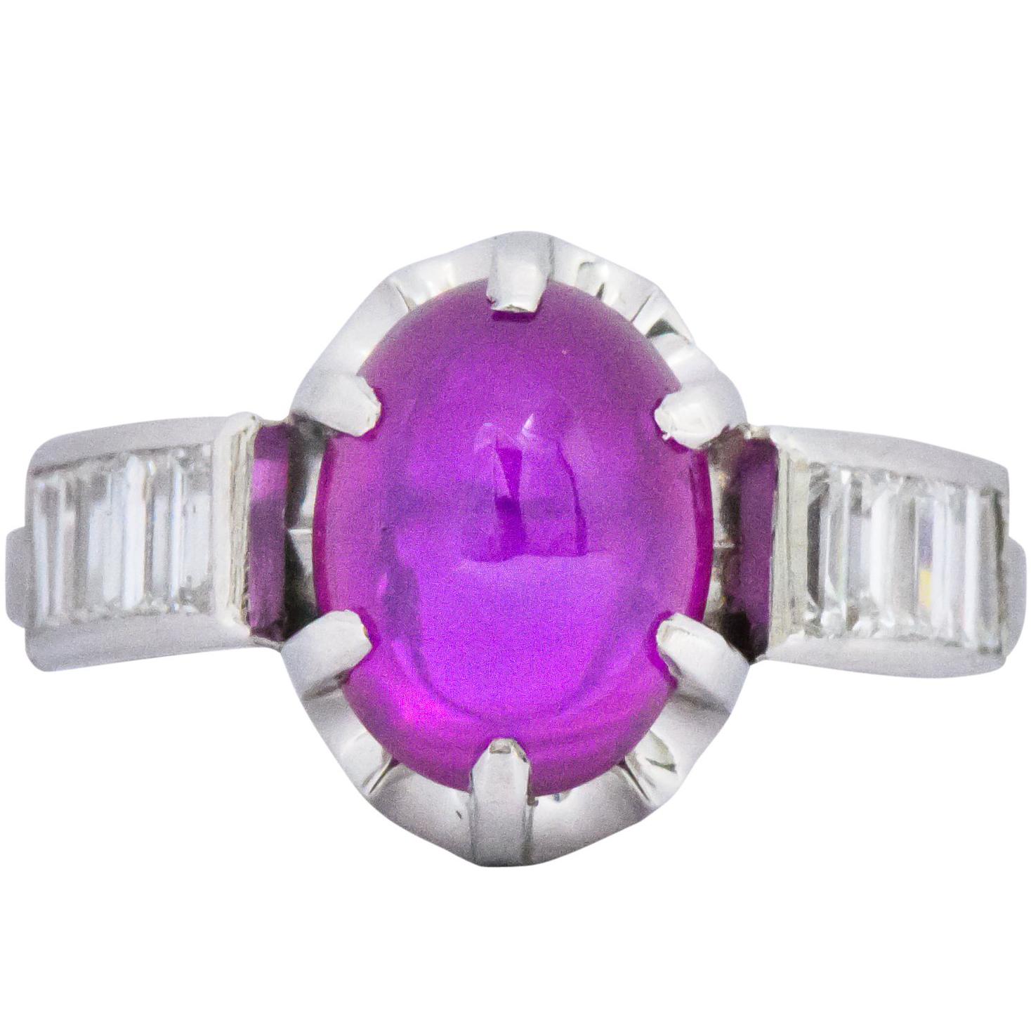 Art Deco 3.45 Carats No Heat Burma Star Ruby Cabochon Diamond Platinum Ring