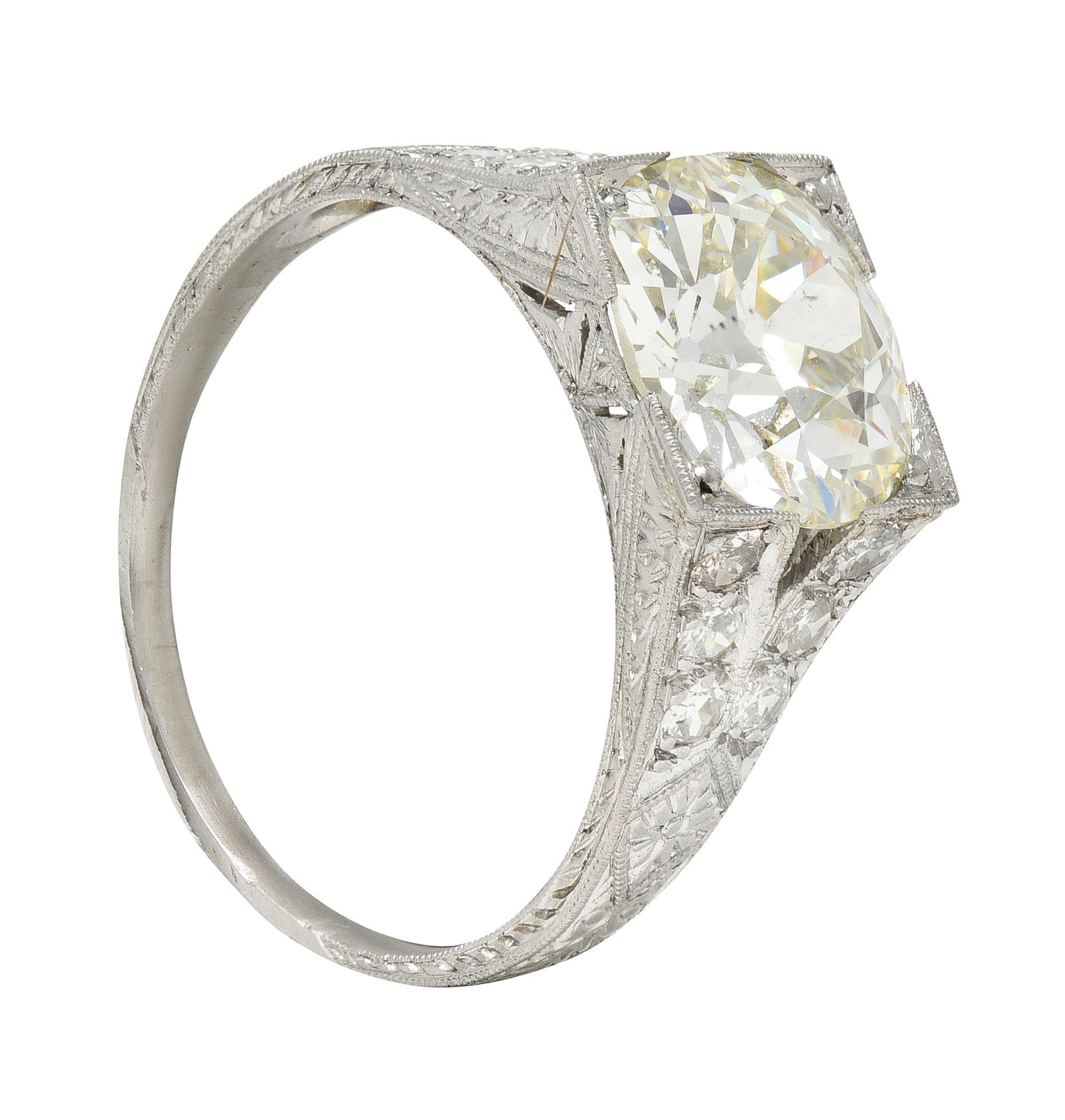 Art Deco 3.45 CTW Old European Cut Diamond Platinum Wheat Engagement Ring GIA For Sale 6