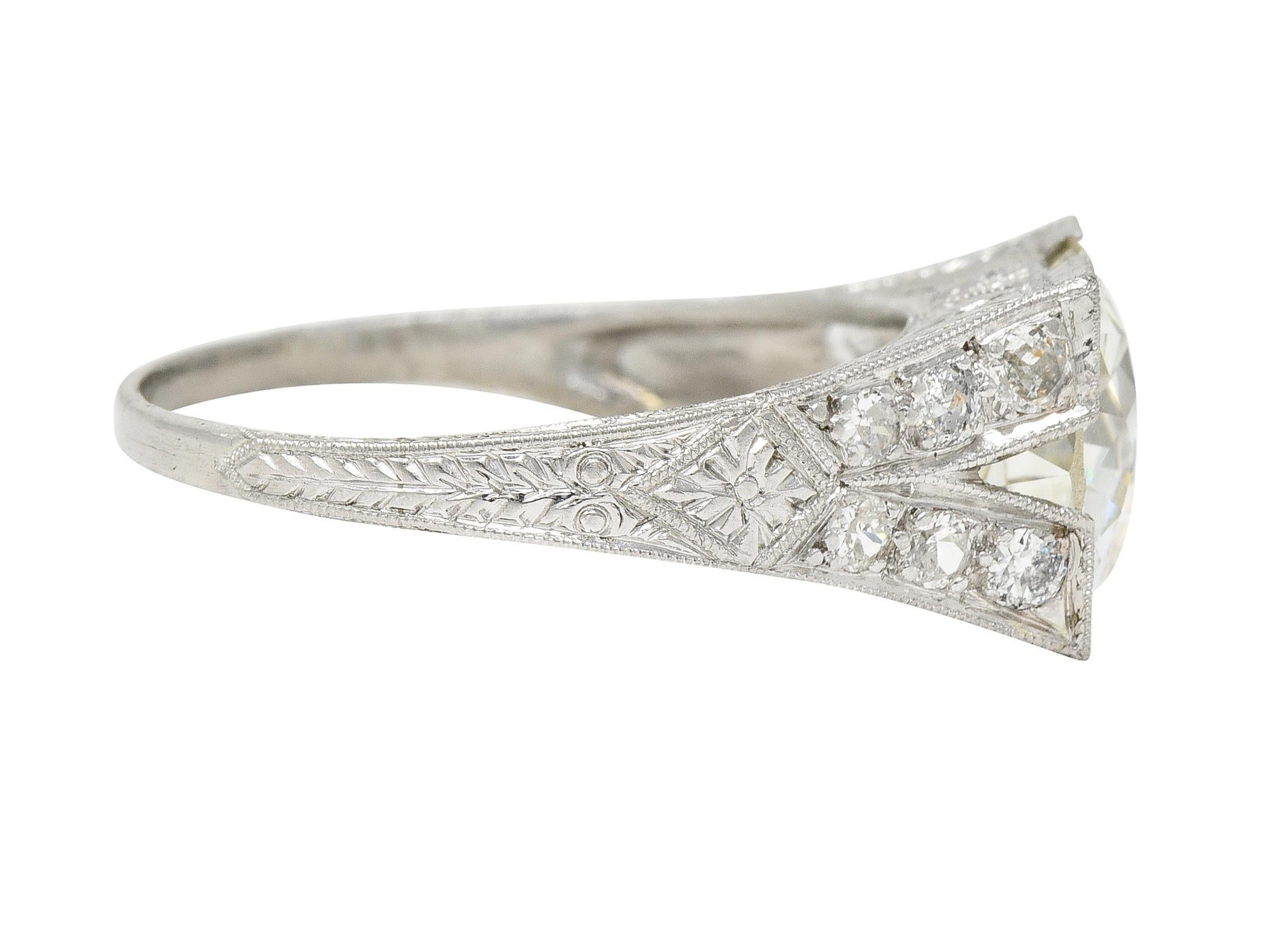 Art Deco 3.45 CTW Old European Cut Diamond Platinum Wheat Engagement Ring GIA In Excellent Condition For Sale In Philadelphia, PA