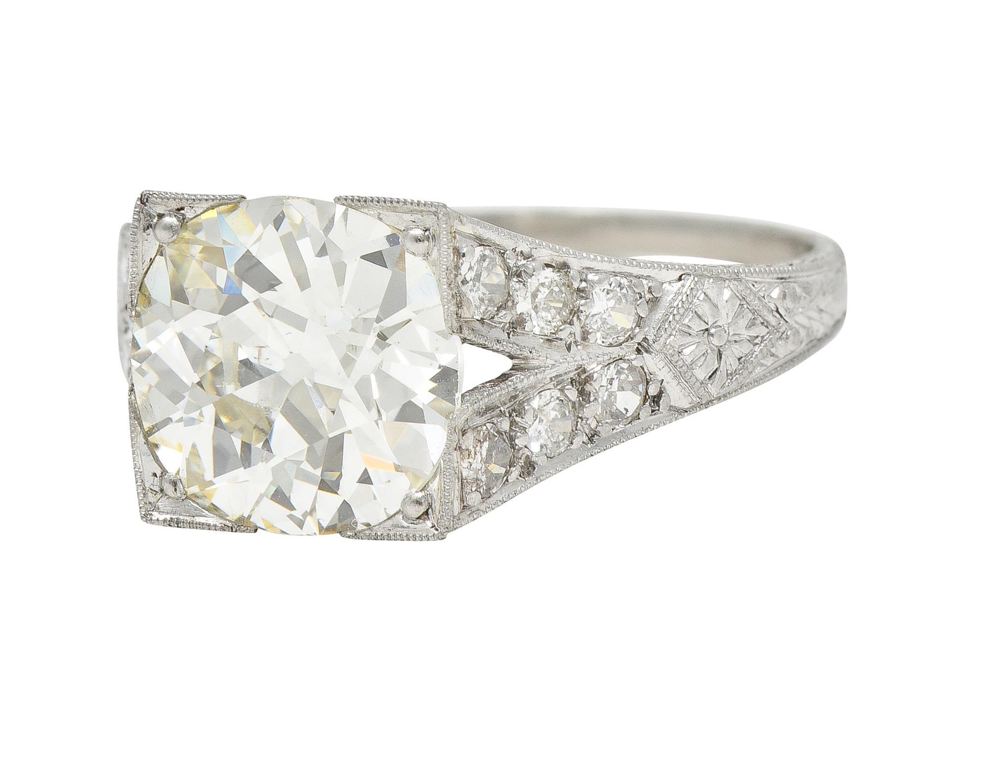Art Deco 3.45 CTW Old European Cut Diamond Platinum Wheat Engagement Ring GIA For Sale 2