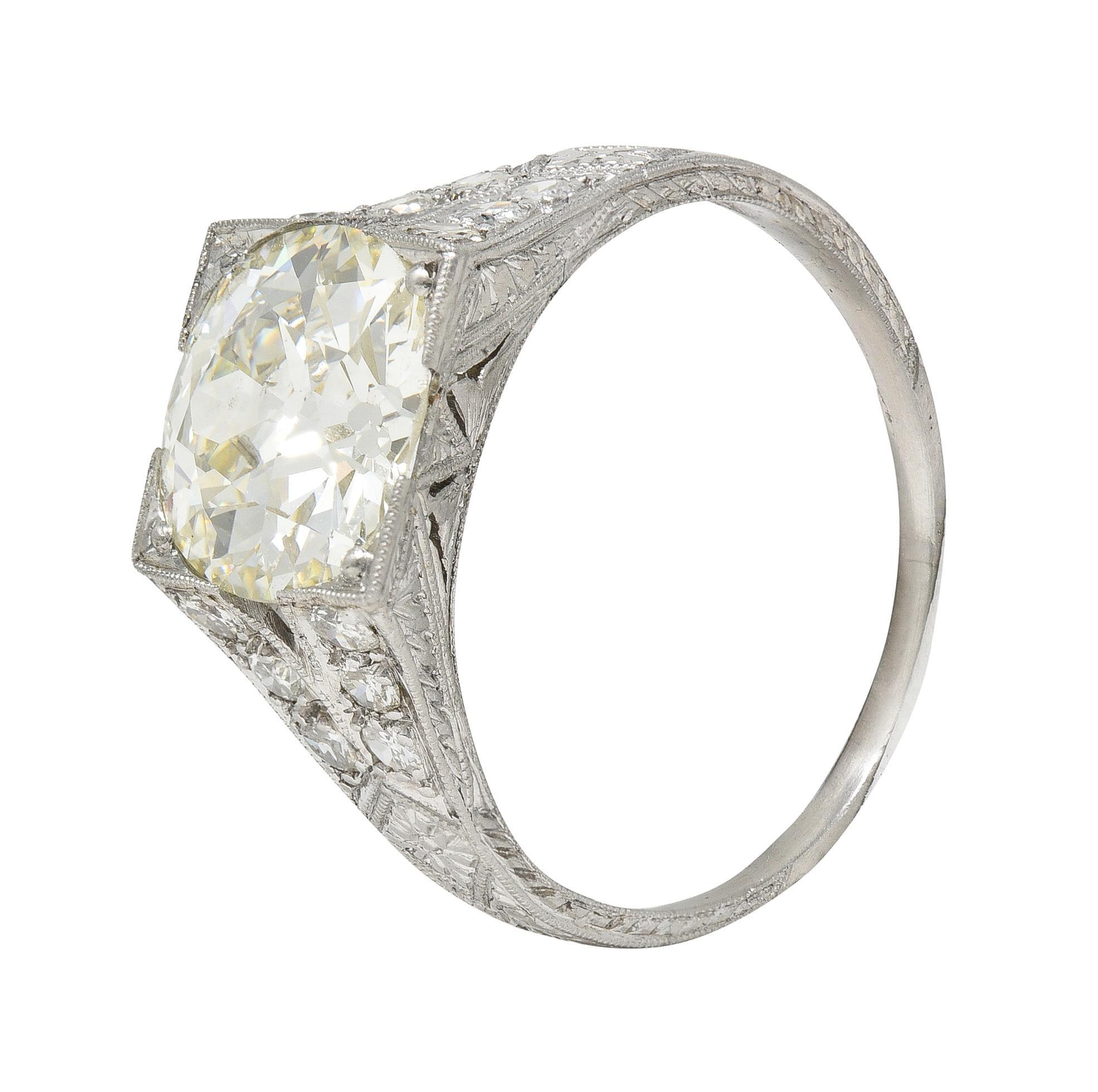 Art Deco 3.45 CTW Old European Cut Diamond Platinum Wheat Engagement Ring GIA For Sale 3