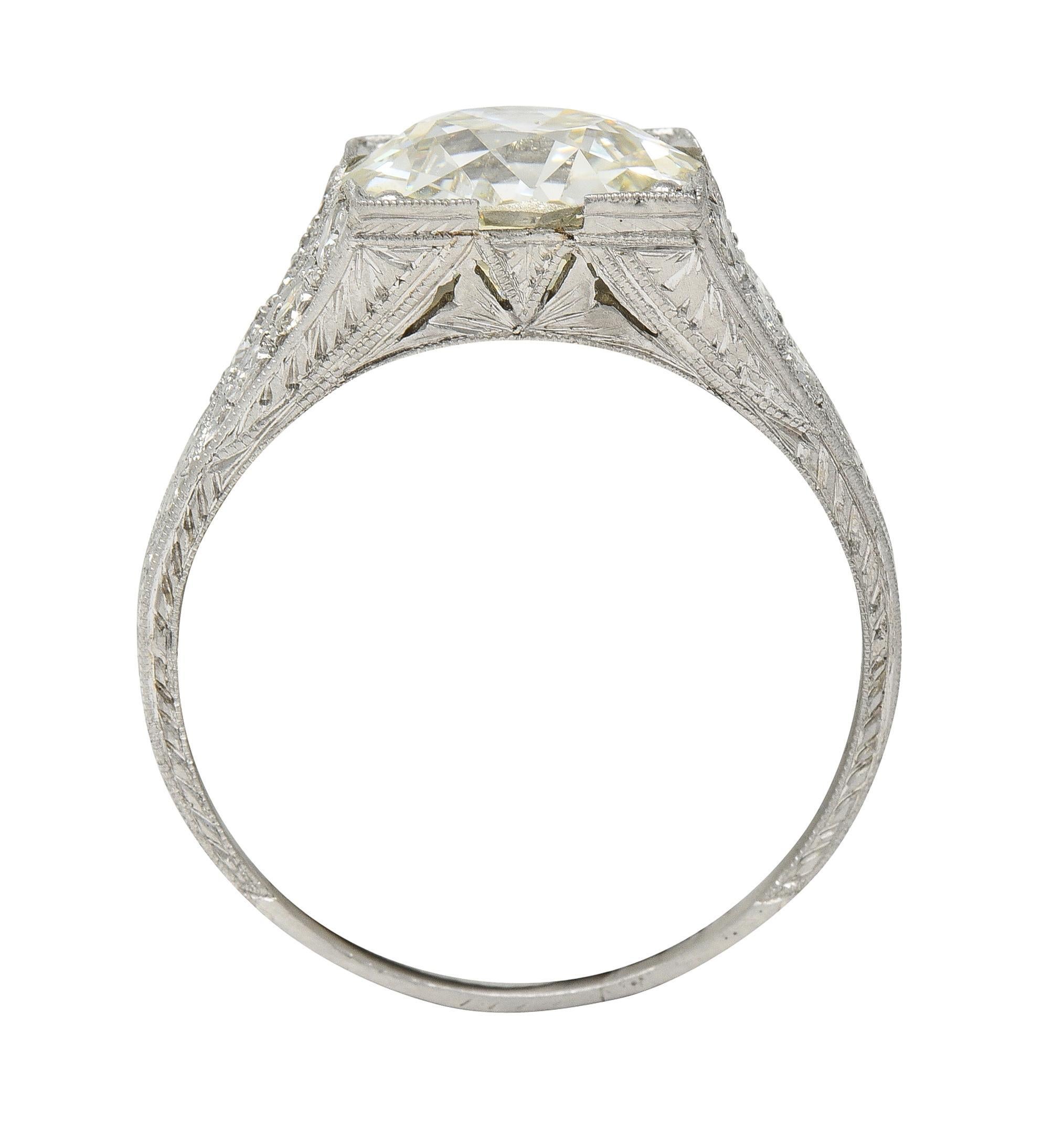 Art Deco 3.45 CTW Old European Cut Diamond Platinum Wheat Engagement Ring GIA For Sale 4