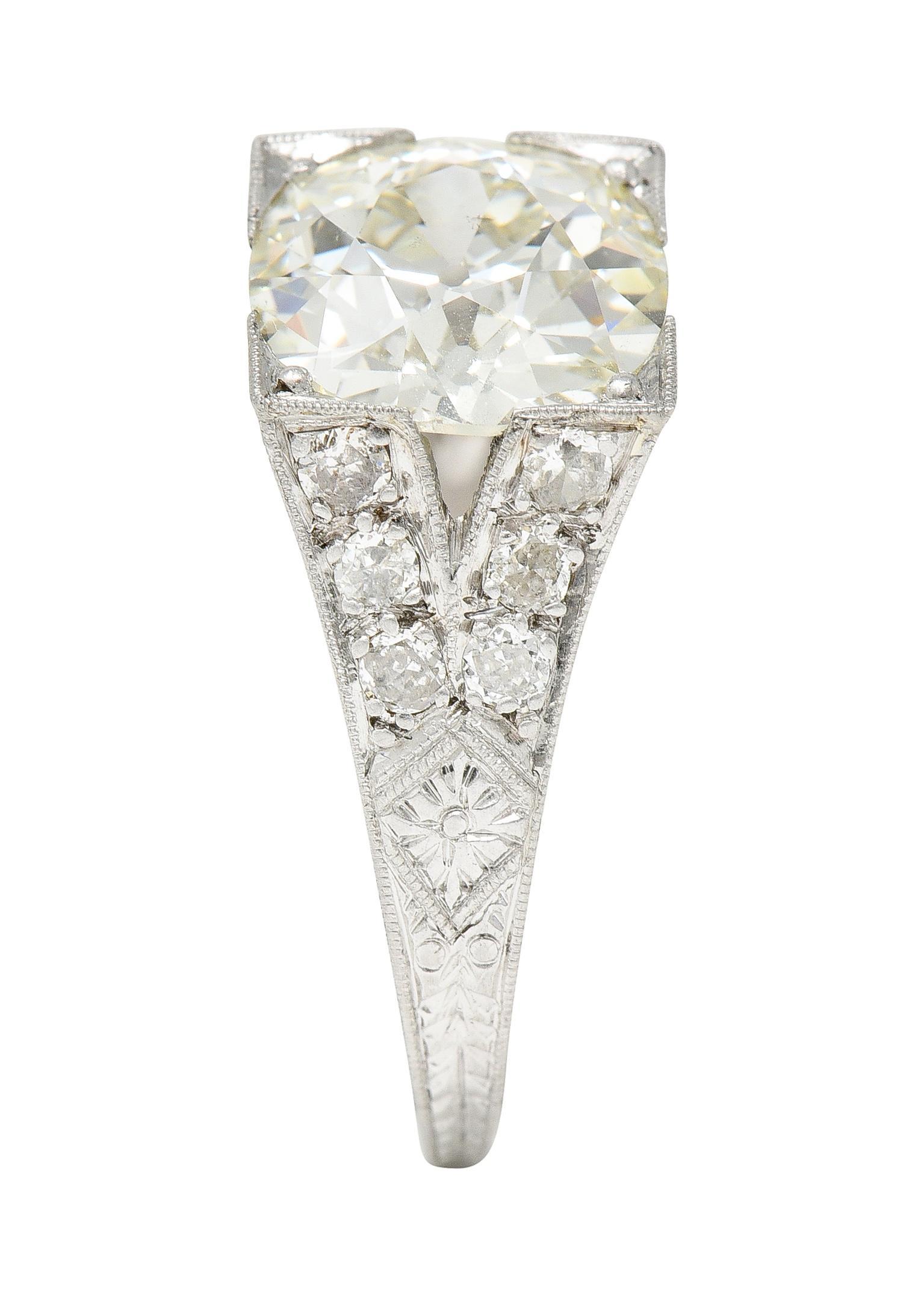 Art Deco 3.45 CTW Old European Cut Diamond Platinum Wheat Engagement Ring GIA For Sale 5